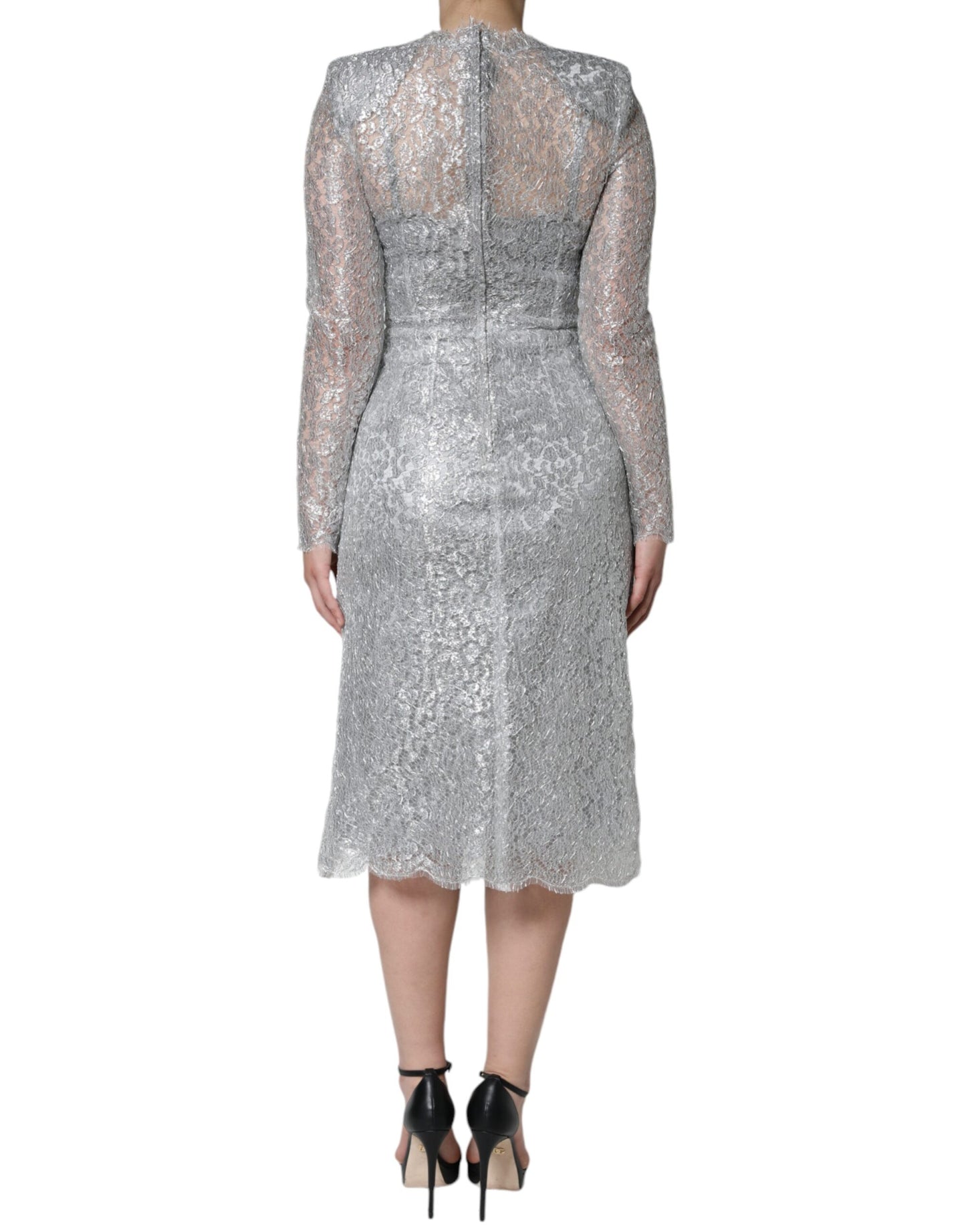Dolce & Gabbana Silver Floral Lace Bodycon Sheath Midi Dress by Dolce & Gabbana