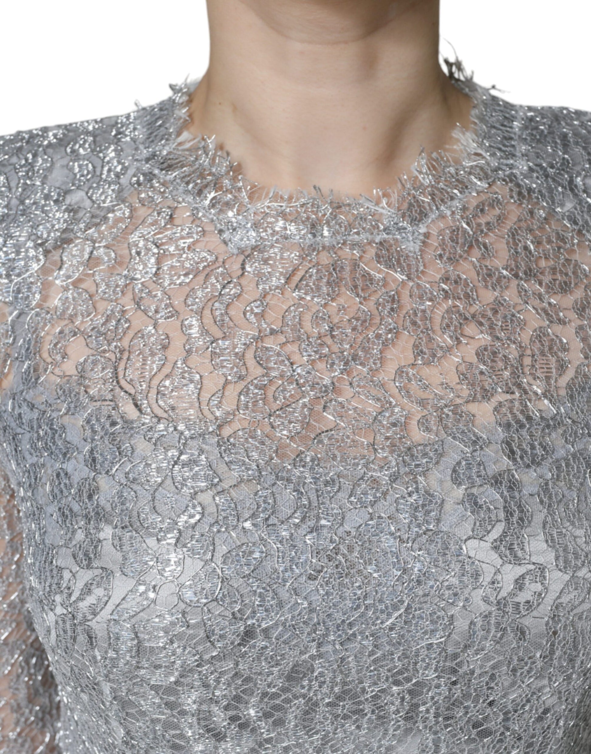 Dolce & Gabbana Silver Floral Lace Bodycon Sheath Midi Dress by Dolce & Gabbana