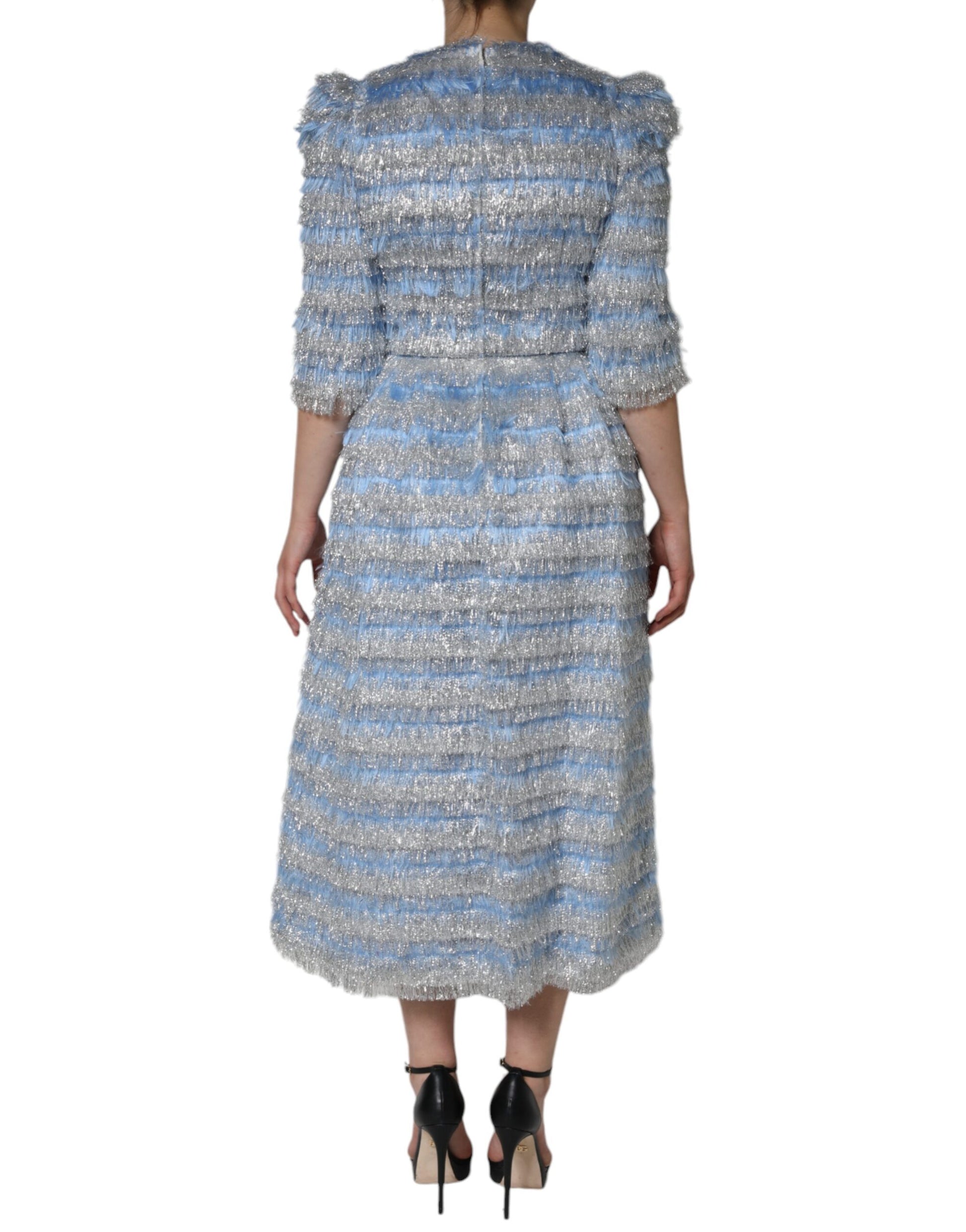 Dolce & Gabbana Light Blue Silver Jacquard A-line Midi Dress by Dolce & Gabbana