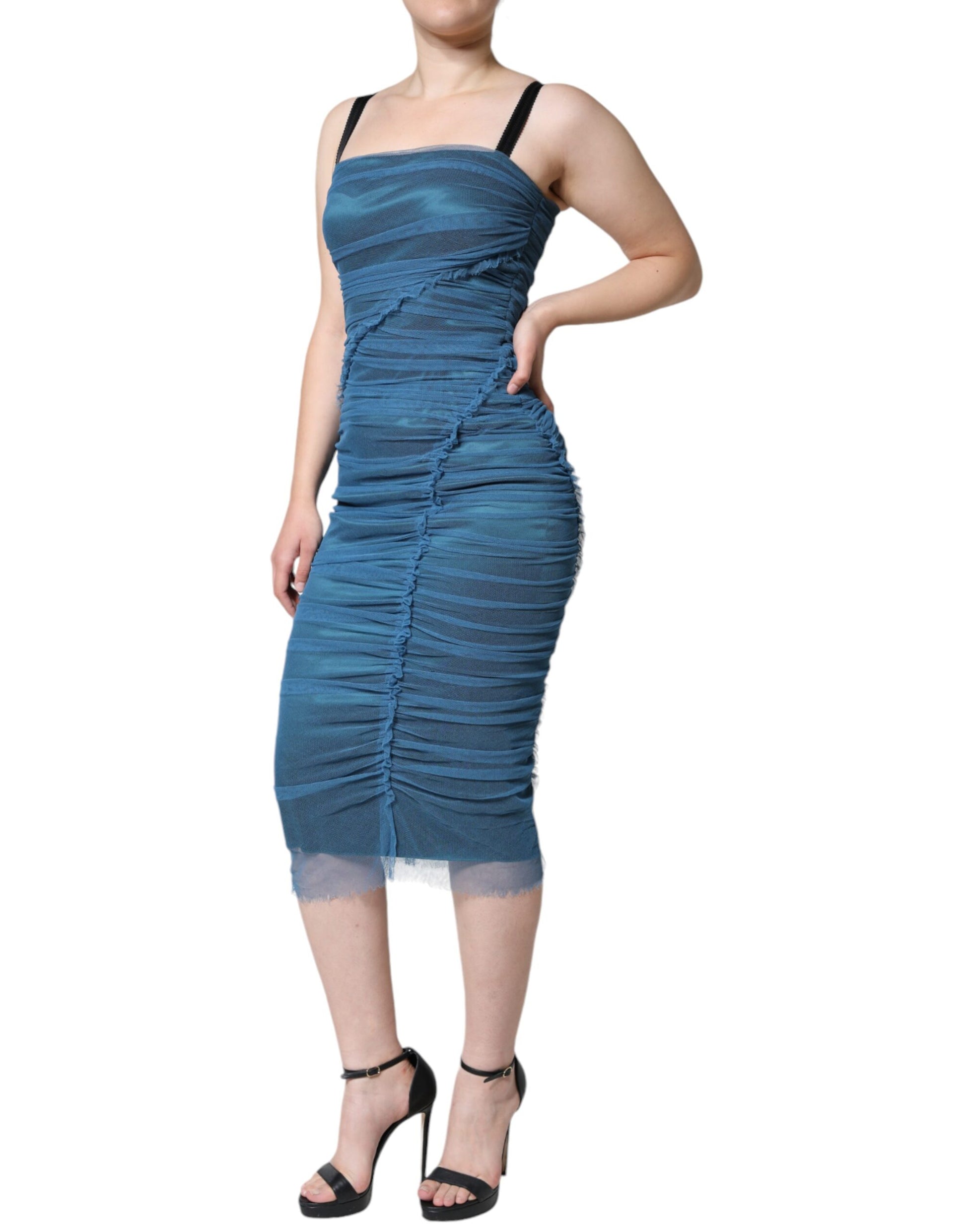 Dolce & Gabbana Blue Mesh Trim Ruched Tulle Sheath Dress by Dolce & Gabbana