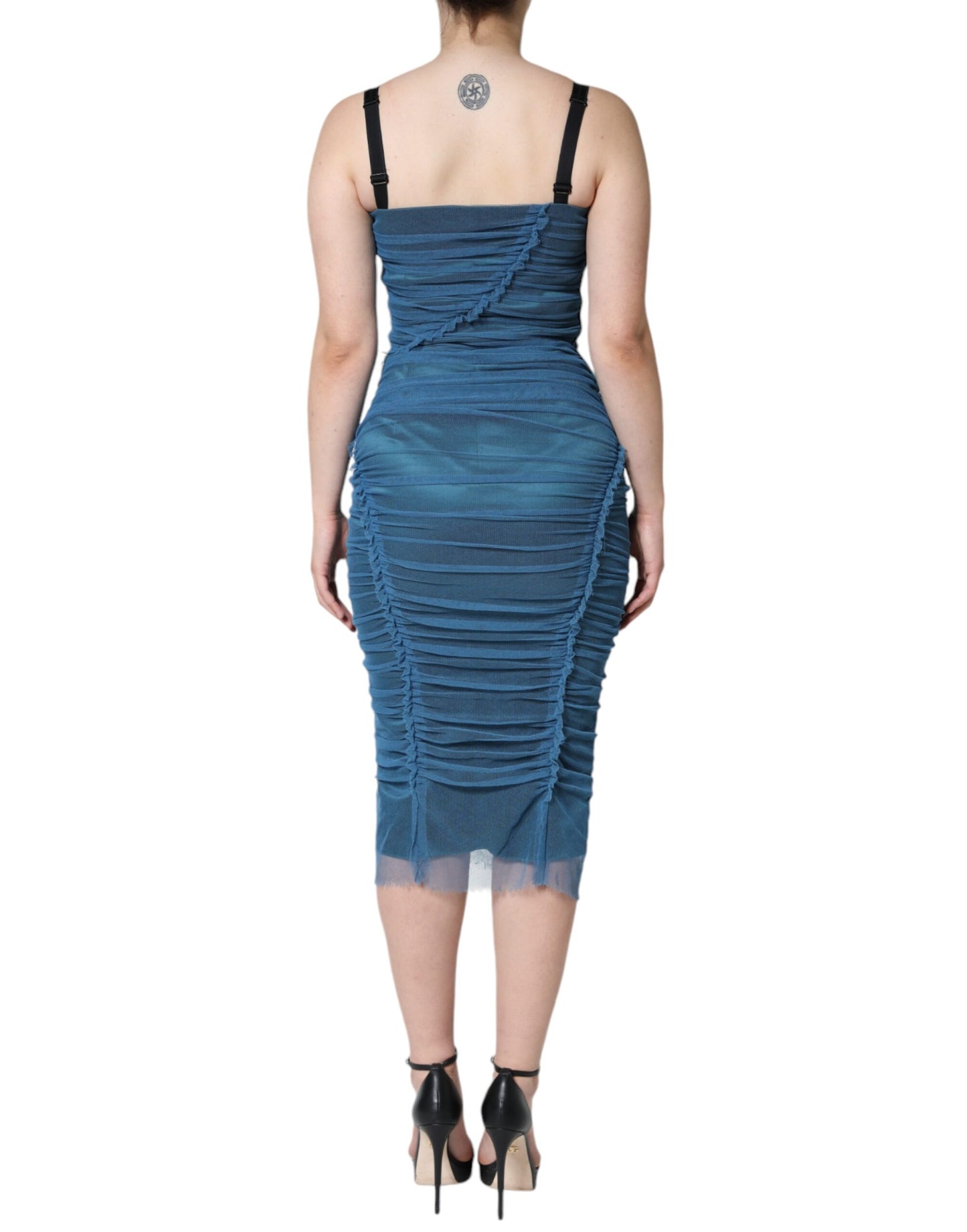 Dolce & Gabbana Blue Mesh Trim Ruched Tulle Sheath Dress by Dolce & Gabbana