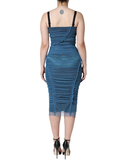 Dolce & Gabbana Blue Mesh Trim Ruched Tulle Sheath Dress by Dolce & Gabbana