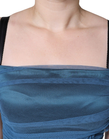 Dolce & Gabbana Blue Mesh Trim Ruched Tulle Sheath Dress by Dolce & Gabbana