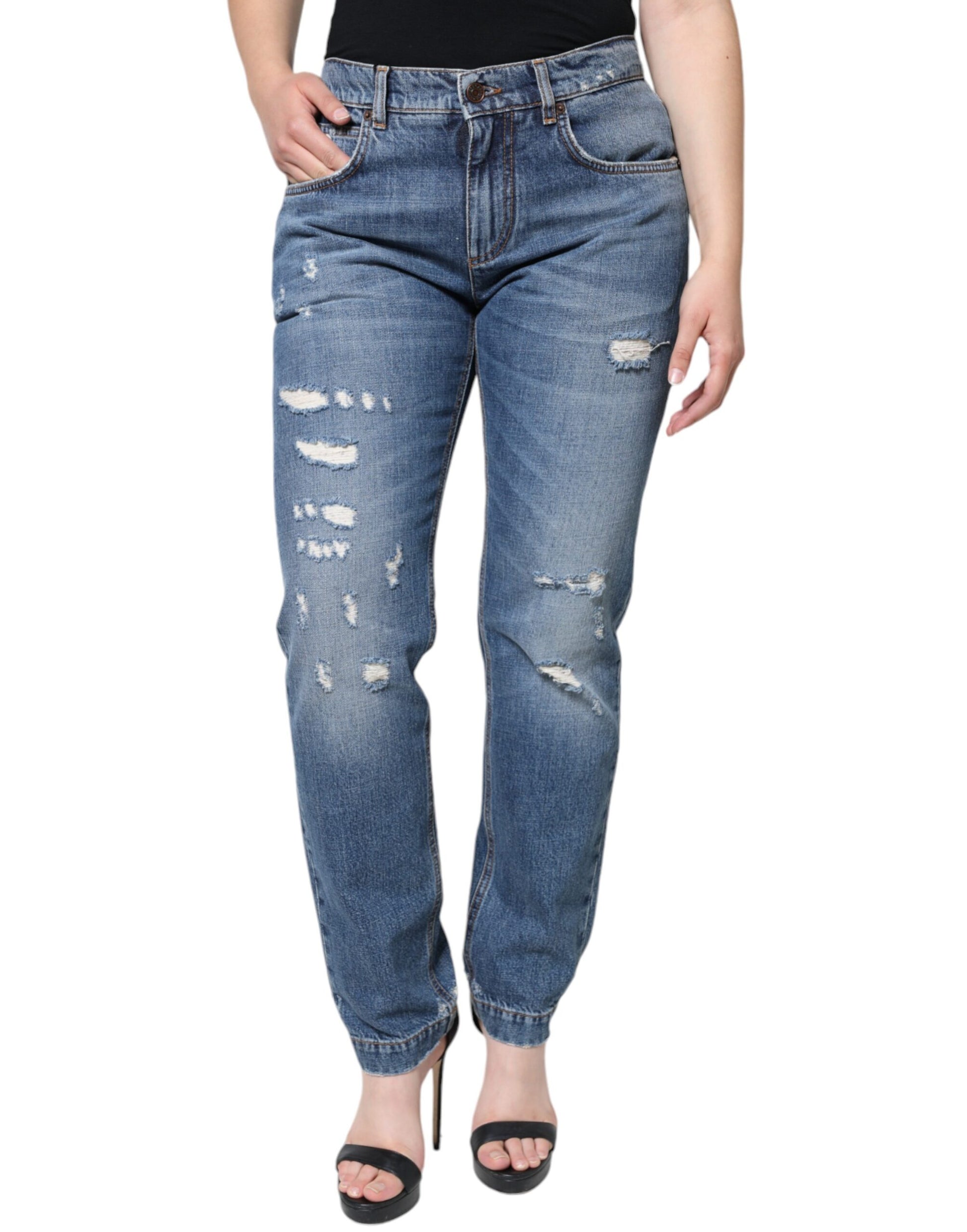 Dolce & Gabbana Blue Cotton Tattered Boyfriend Denim Jeans by Dolce & Gabbana
