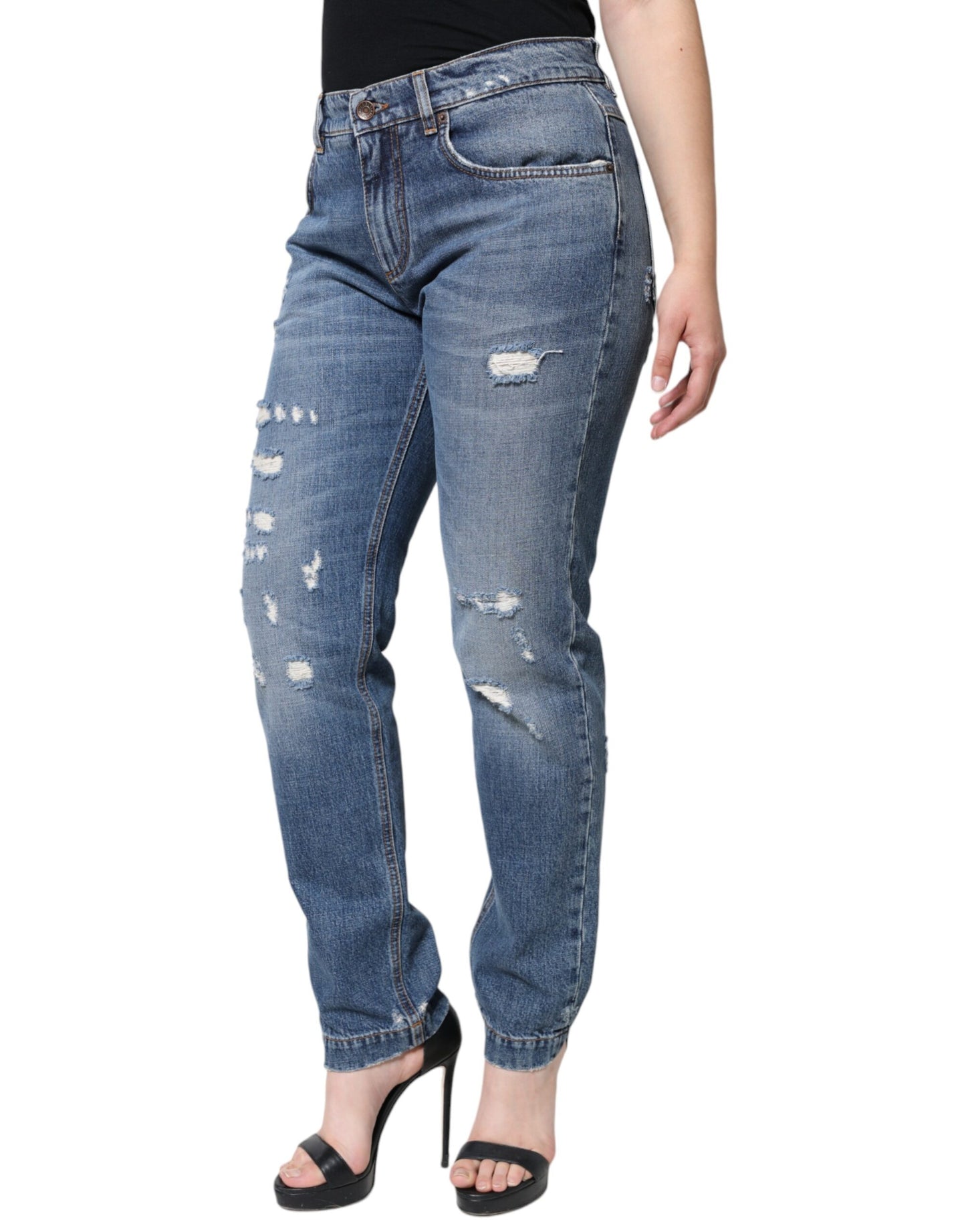 Dolce & Gabbana Blue Cotton Tattered Boyfriend Denim Jeans by Dolce & Gabbana