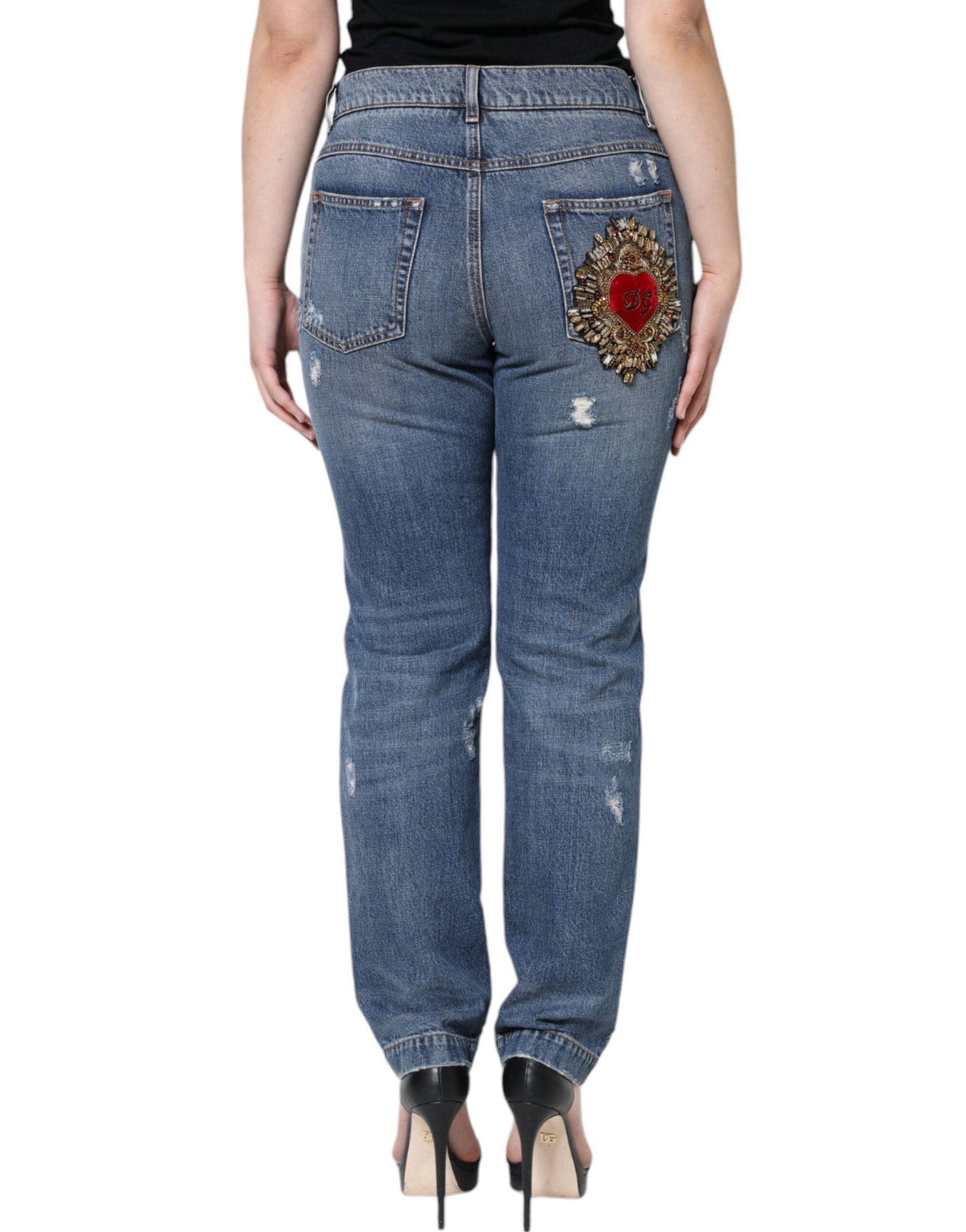 Dolce & Gabbana Blue Cotton Tattered Boyfriend Denim Jeans by Dolce & Gabbana