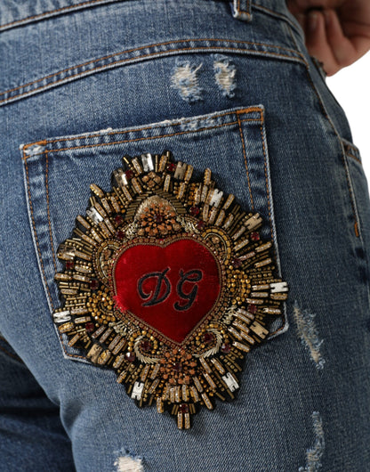 Dolce & Gabbana Blue Cotton Tattered Boyfriend Denim Jeans by Dolce & Gabbana