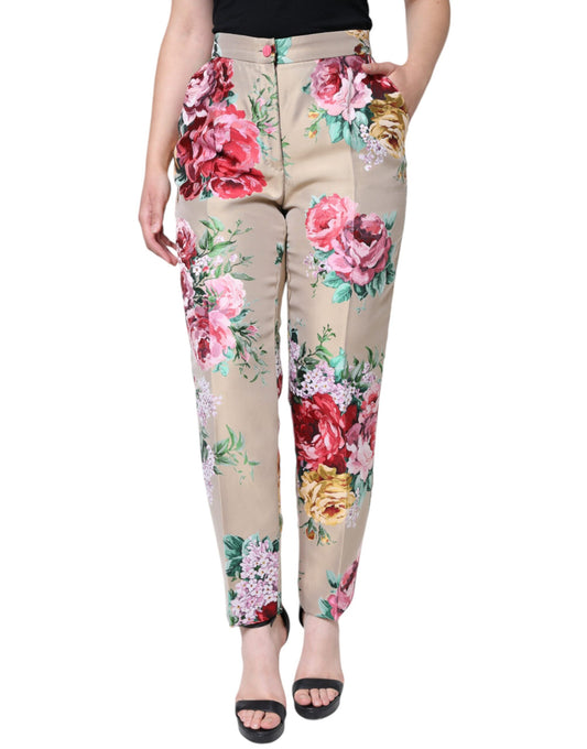 Dolce & Gabbana Beige Floral Jacquard High Waist Tapered Pants by Dolce & Gabbana