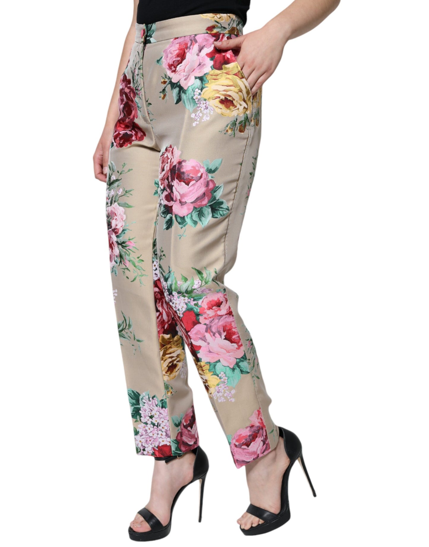 Dolce & Gabbana Beige Floral Jacquard High Waist Tapered Pants by Dolce & Gabbana
