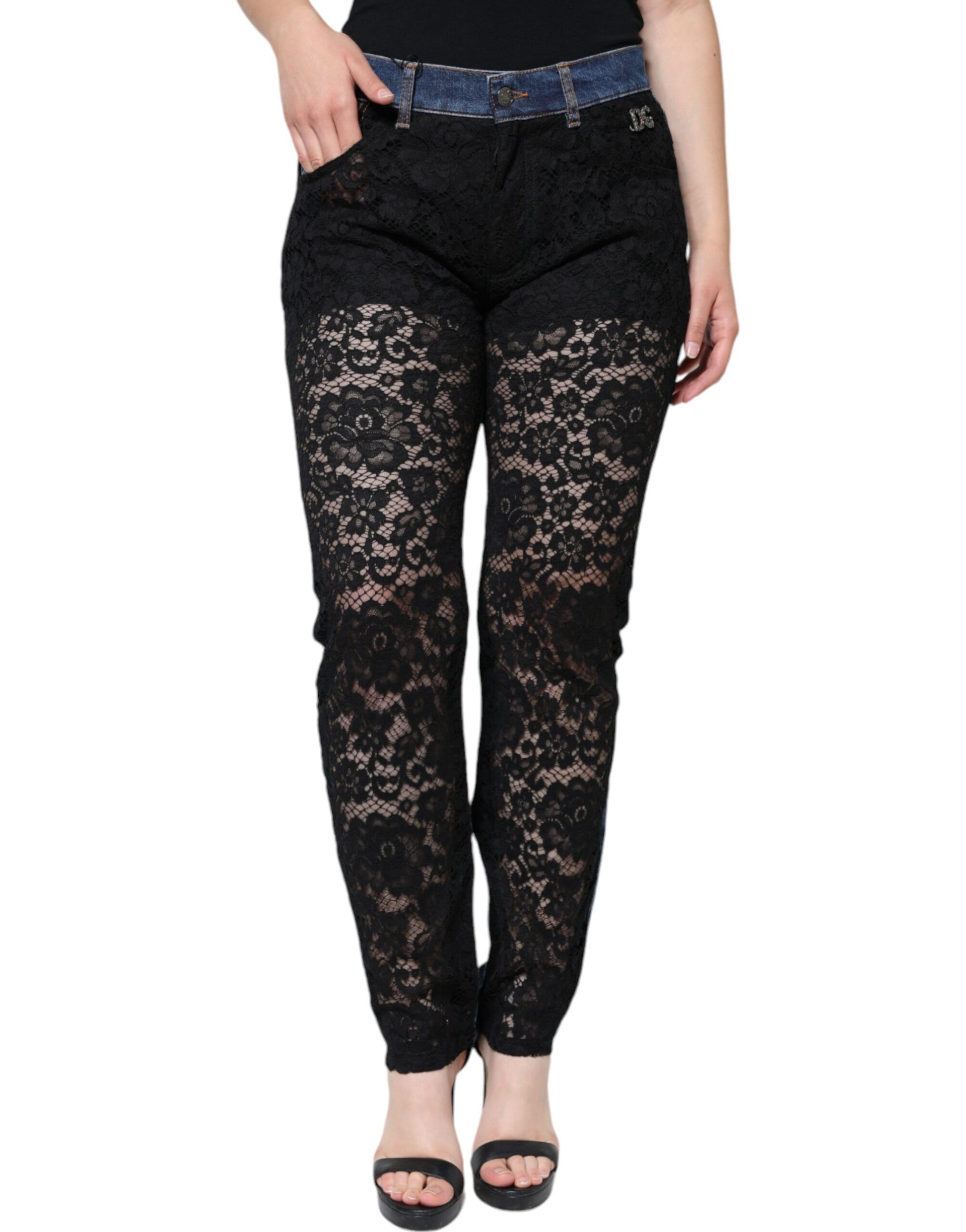 Dolce & Gabbana Black Floral Lace Front Skinny Denim Jeans by Dolce & Gabbana