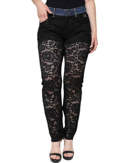 Dolce & Gabbana Black Floral Lace Front Skinny Denim Jeans by Dolce & Gabbana