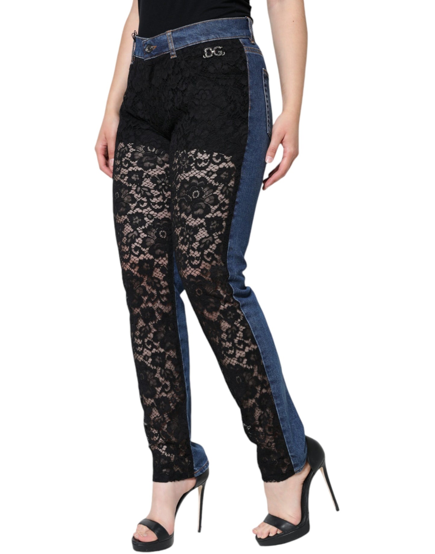 Dolce & Gabbana Black Floral Lace Front Skinny Denim Jeans by Dolce & Gabbana