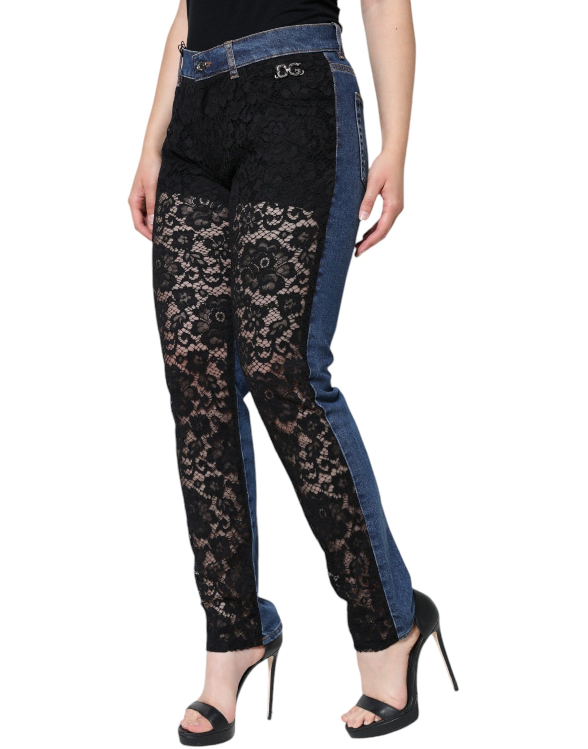 Dolce & Gabbana Black Floral Lace Front Skinny Denim Jeans by Dolce & Gabbana