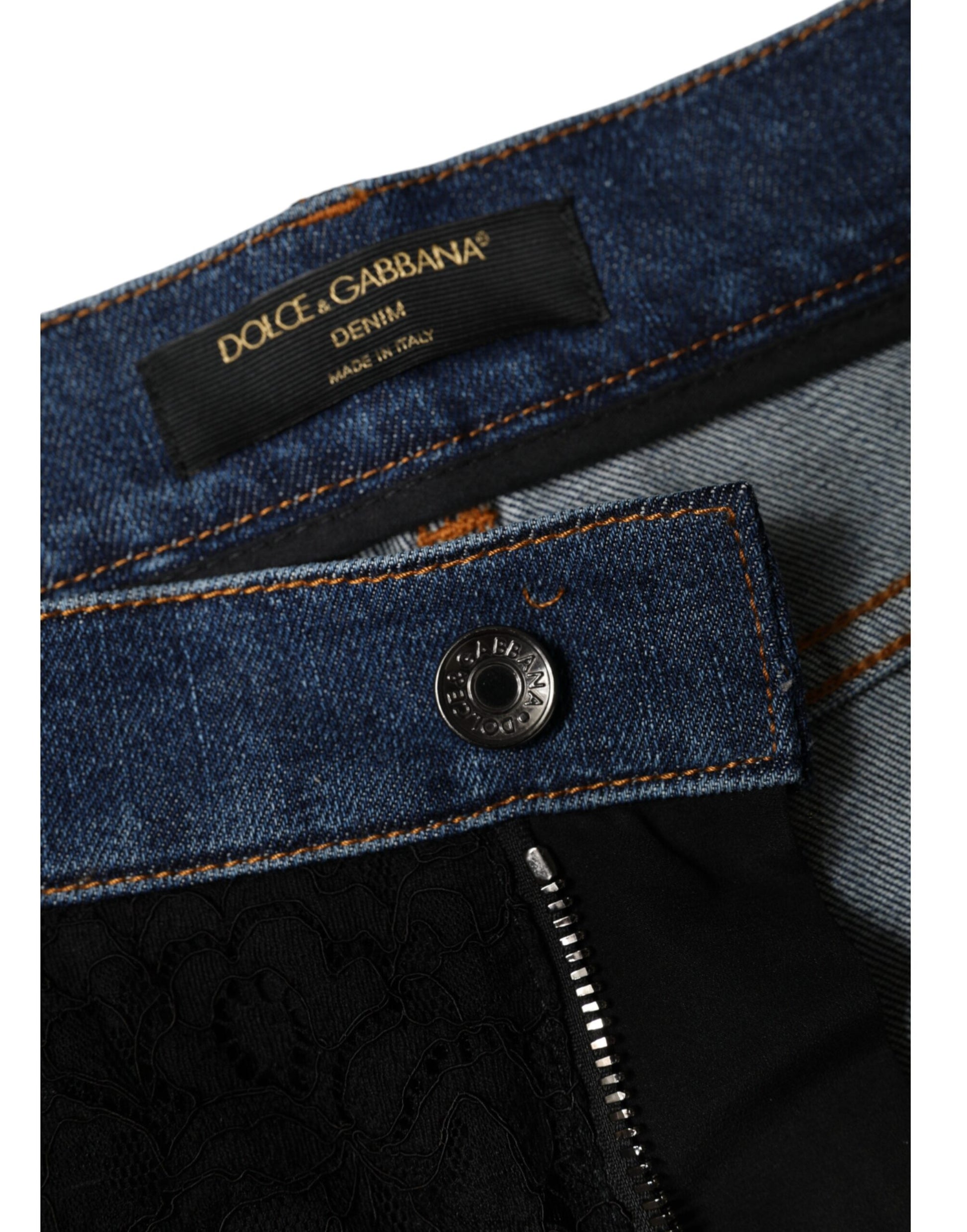 Dolce & Gabbana Black Floral Lace Front Skinny Denim Jeans by Dolce & Gabbana