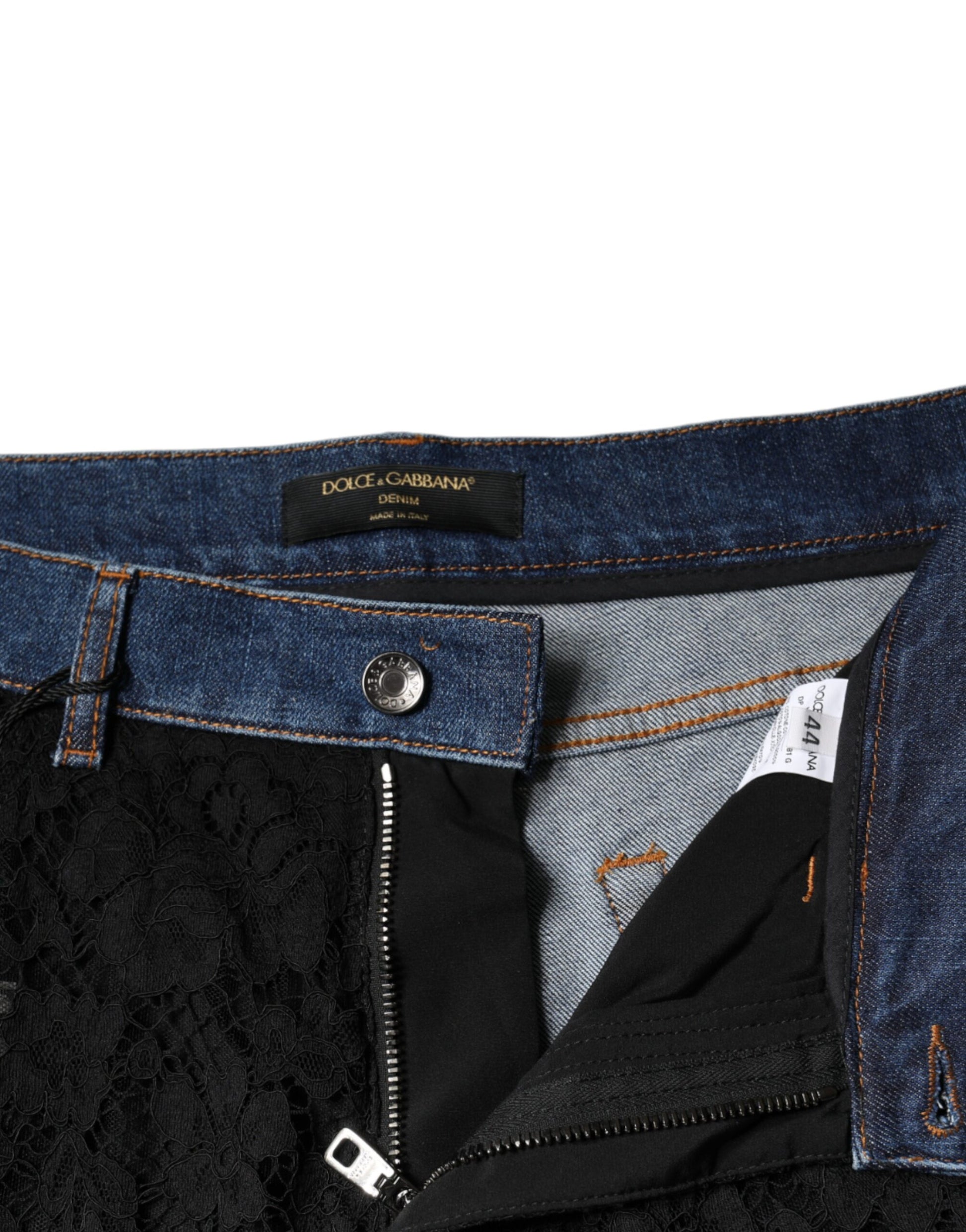 Dolce & Gabbana Black Floral Lace Front Skinny Denim Jeans by Dolce & Gabbana