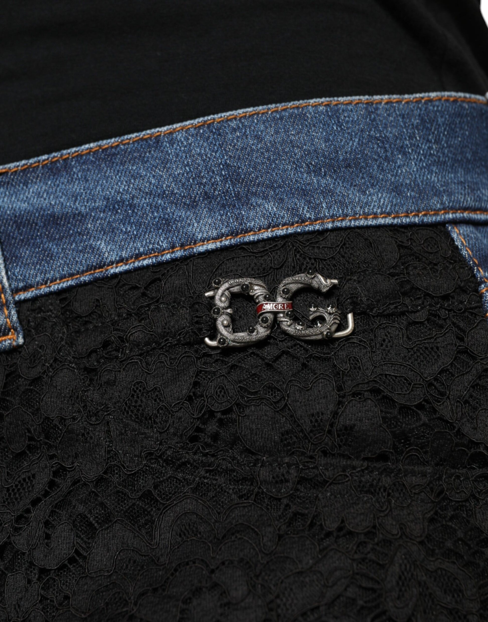 Dolce & Gabbana Black Floral Lace Front Skinny Denim Jeans by Dolce & Gabbana