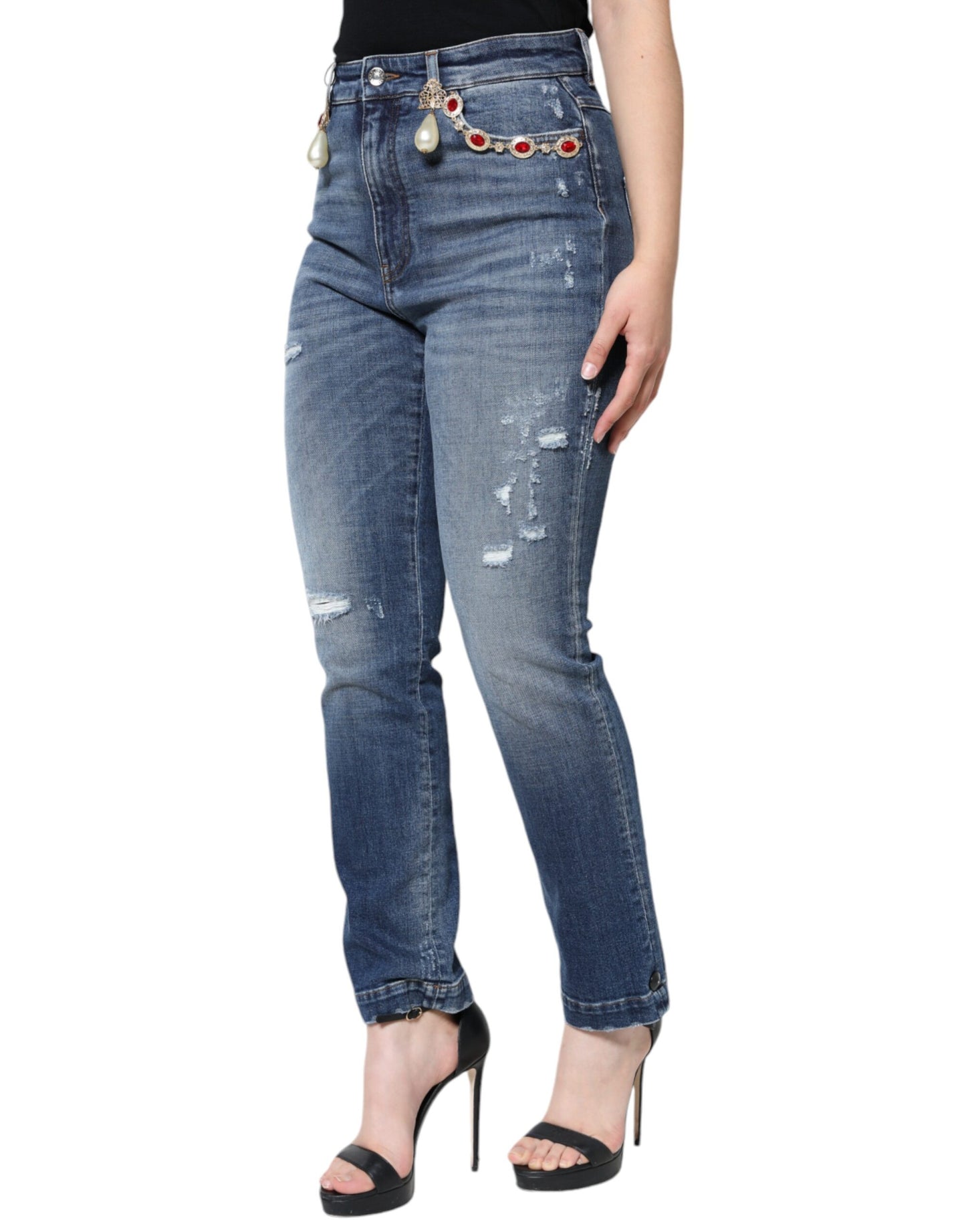 Dolce & Gabbana Dark Blue Cotton Tattered Skinny Denim Jeans by Dolce & Gabbana