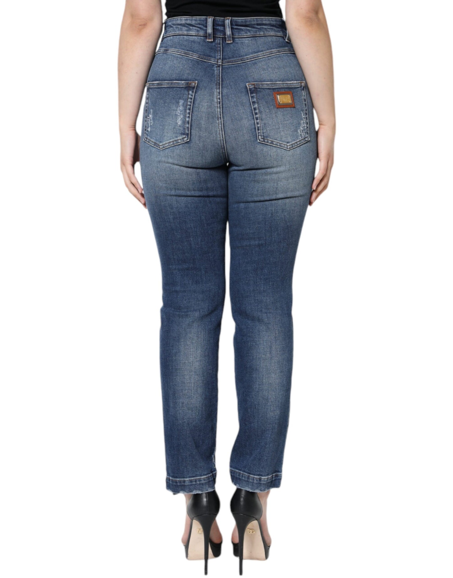 Dolce & Gabbana Dark Blue Cotton Tattered Skinny Denim Jeans by Dolce & Gabbana