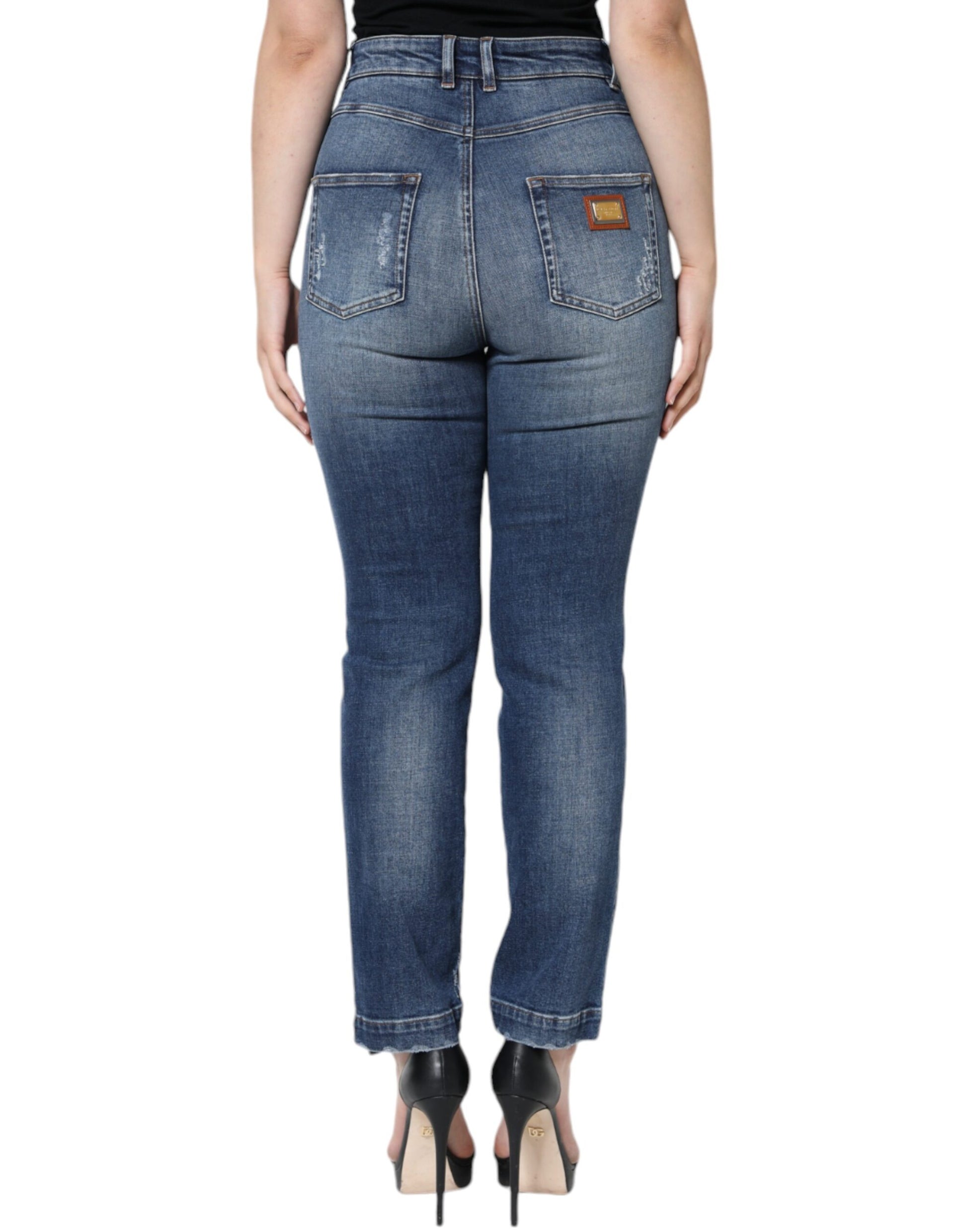 Dolce & Gabbana Dark Blue Cotton Tattered Skinny Denim Jeans by Dolce & Gabbana