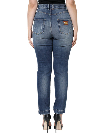 Dolce & Gabbana Dark Blue Cotton Tattered Skinny Denim Jeans by Dolce & Gabbana