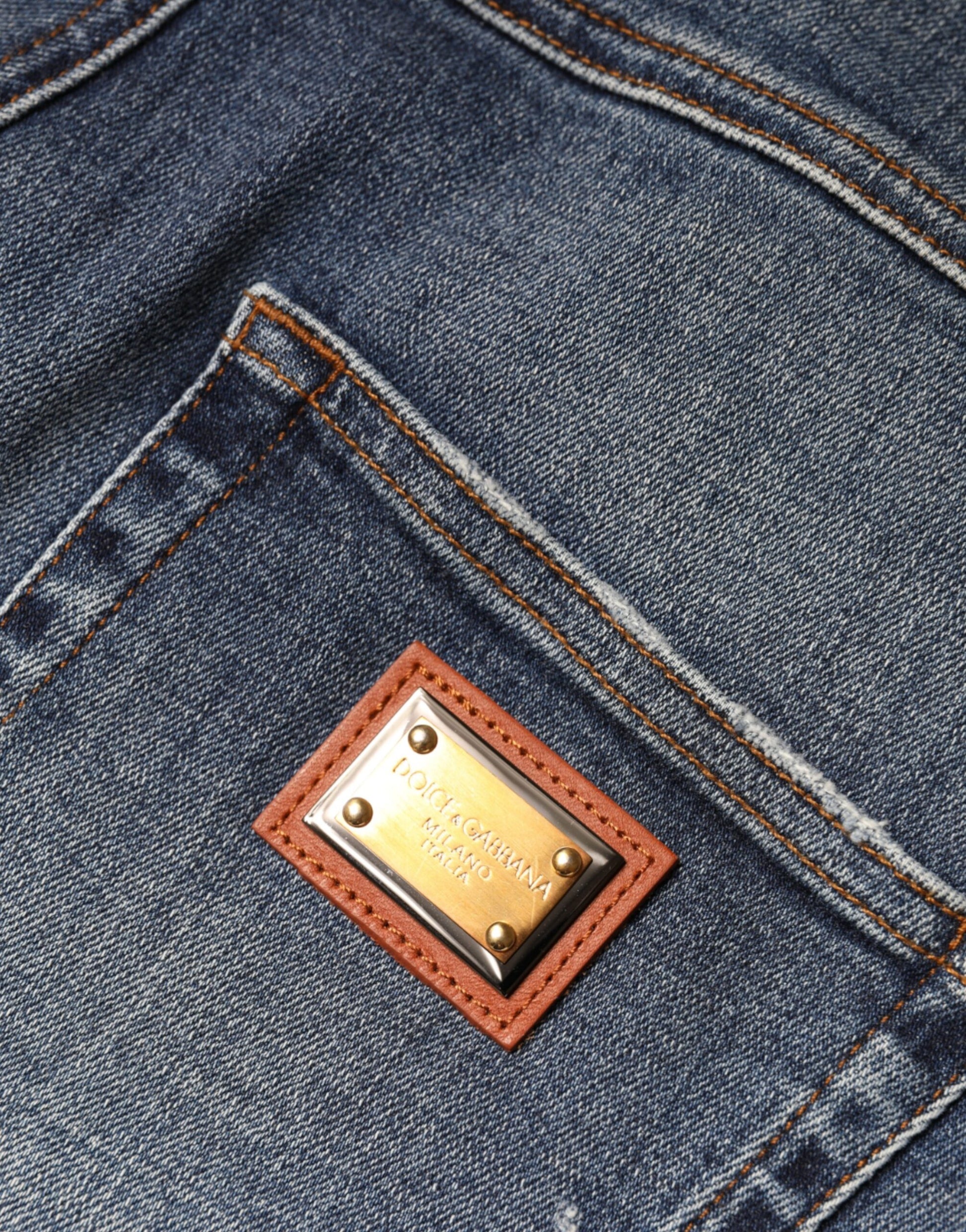 Dolce & Gabbana Dark Blue Cotton Tattered Skinny Denim Jeans by Dolce & Gabbana