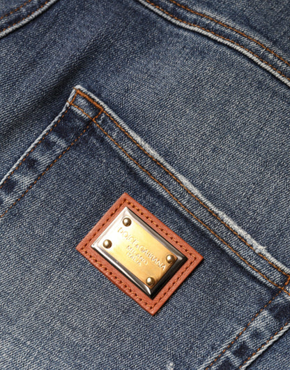 Dolce & Gabbana Dark Blue Cotton Tattered Skinny Denim Jeans by Dolce & Gabbana