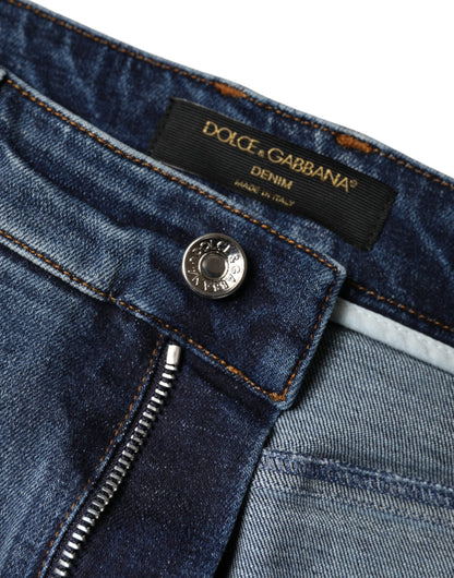 Dolce & Gabbana Dark Blue Cotton Tattered Skinny Denim Jeans by Dolce & Gabbana
