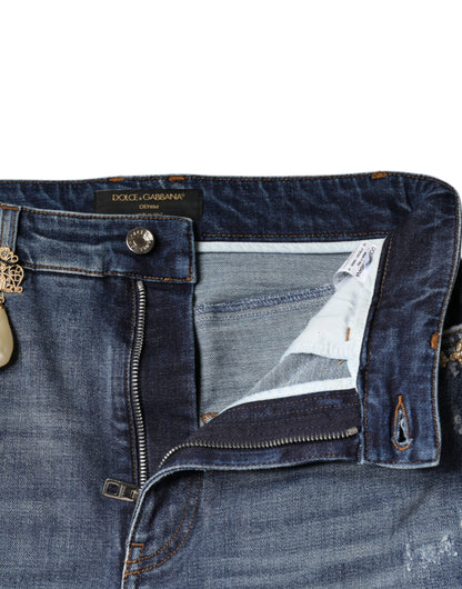 Dolce & Gabbana Dark Blue Cotton Tattered Skinny Denim Jeans by Dolce & Gabbana