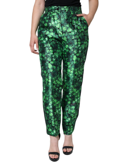 Dolce & Gabbana Green Clover Silk Satin High Waist Tapered Pants by Dolce & Gabbana