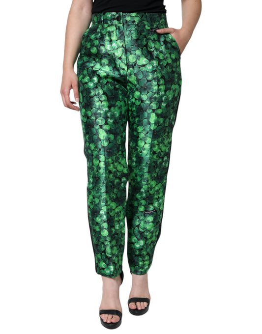 Dolce & Gabbana Green Clover Silk Satin High Waist Tapered Pants by Dolce & Gabbana