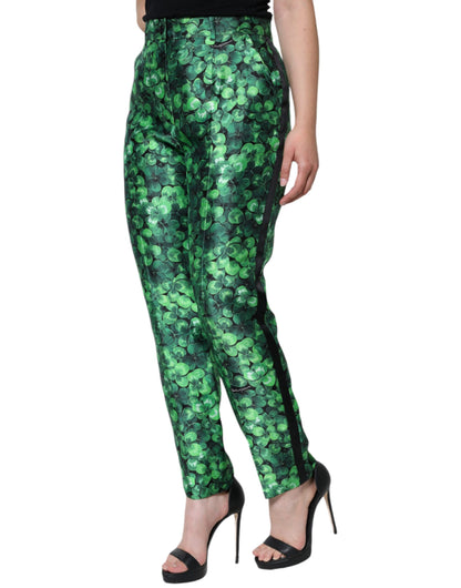 Dolce & Gabbana Green Clover Silk Satin High Waist Tapered Pants by Dolce & Gabbana