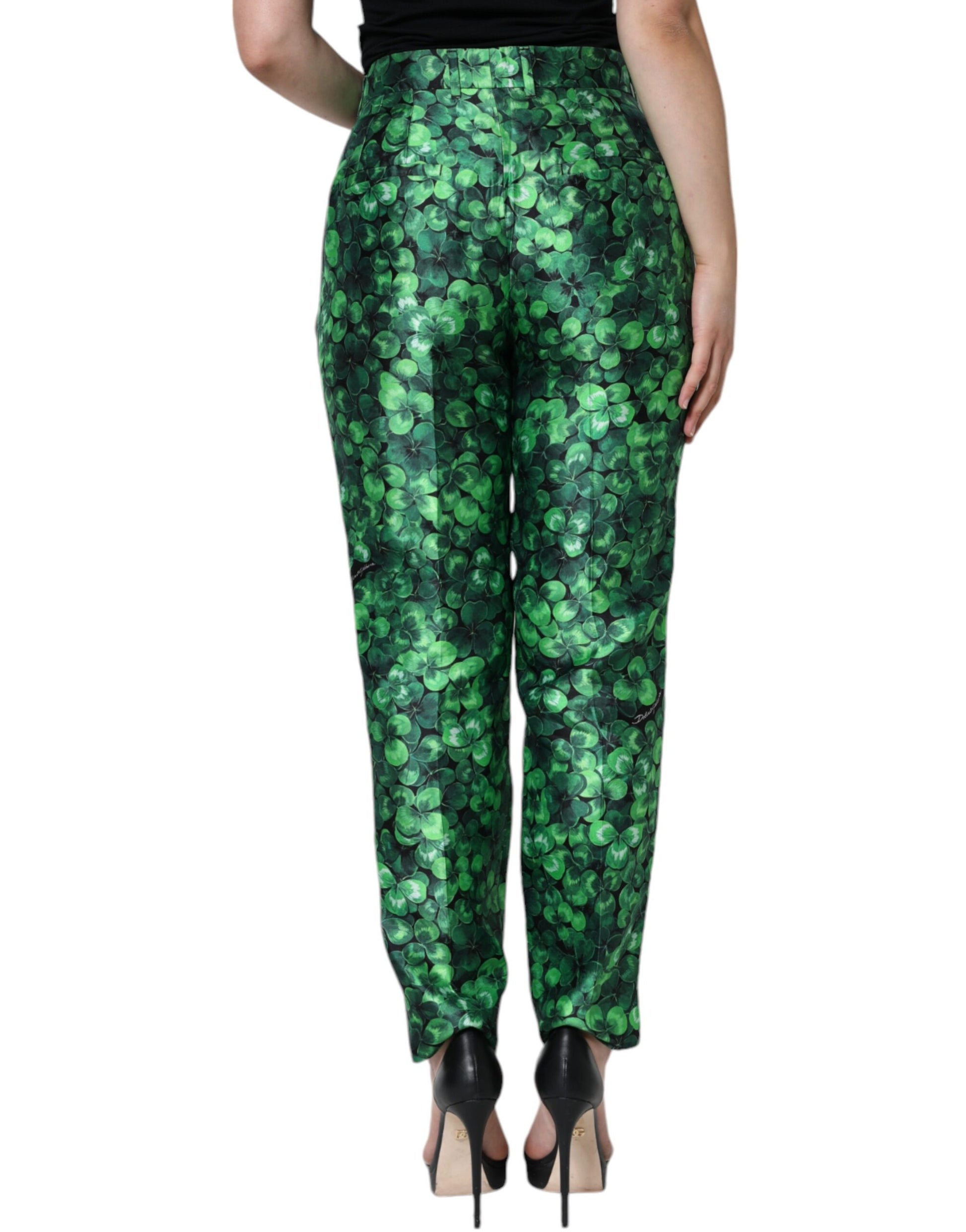 Dolce & Gabbana Green Clover Silk Satin High Waist Tapered Pants by Dolce & Gabbana