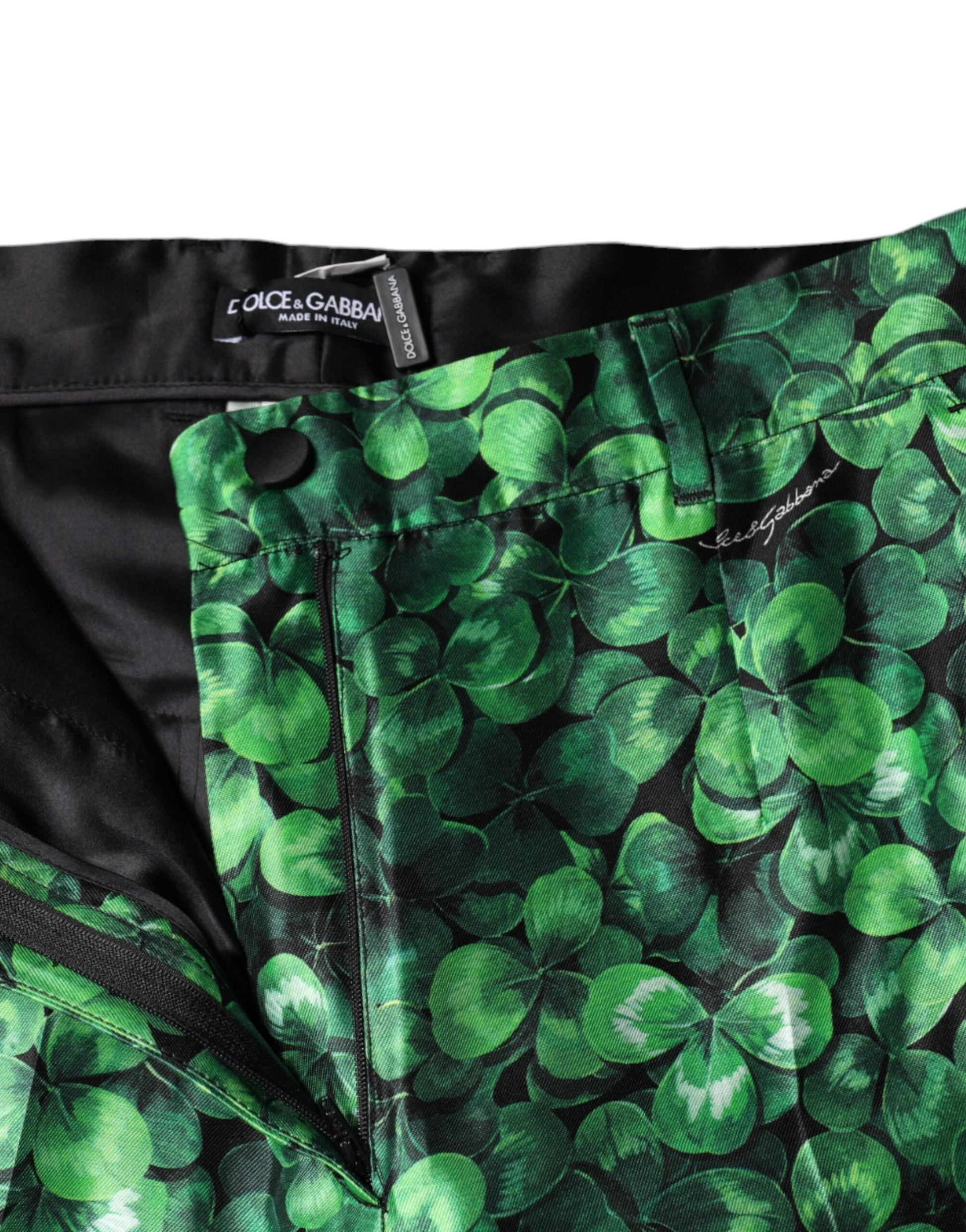 Dolce & Gabbana Green Clover Silk Satin High Waist Tapered Pants by Dolce & Gabbana