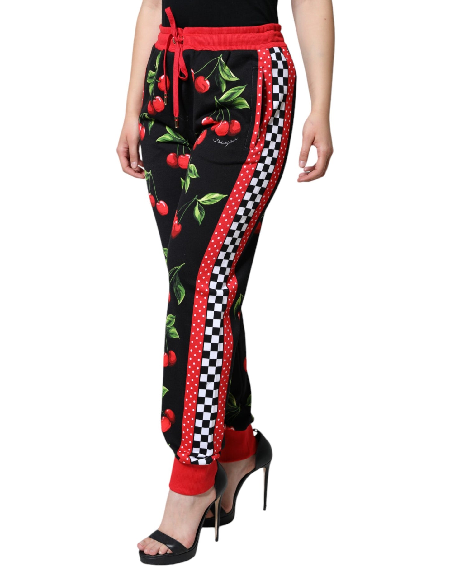 Dolce & Gabbana Black Red Cherry Mid Waist Jogger Pants by Dolce & Gabbana