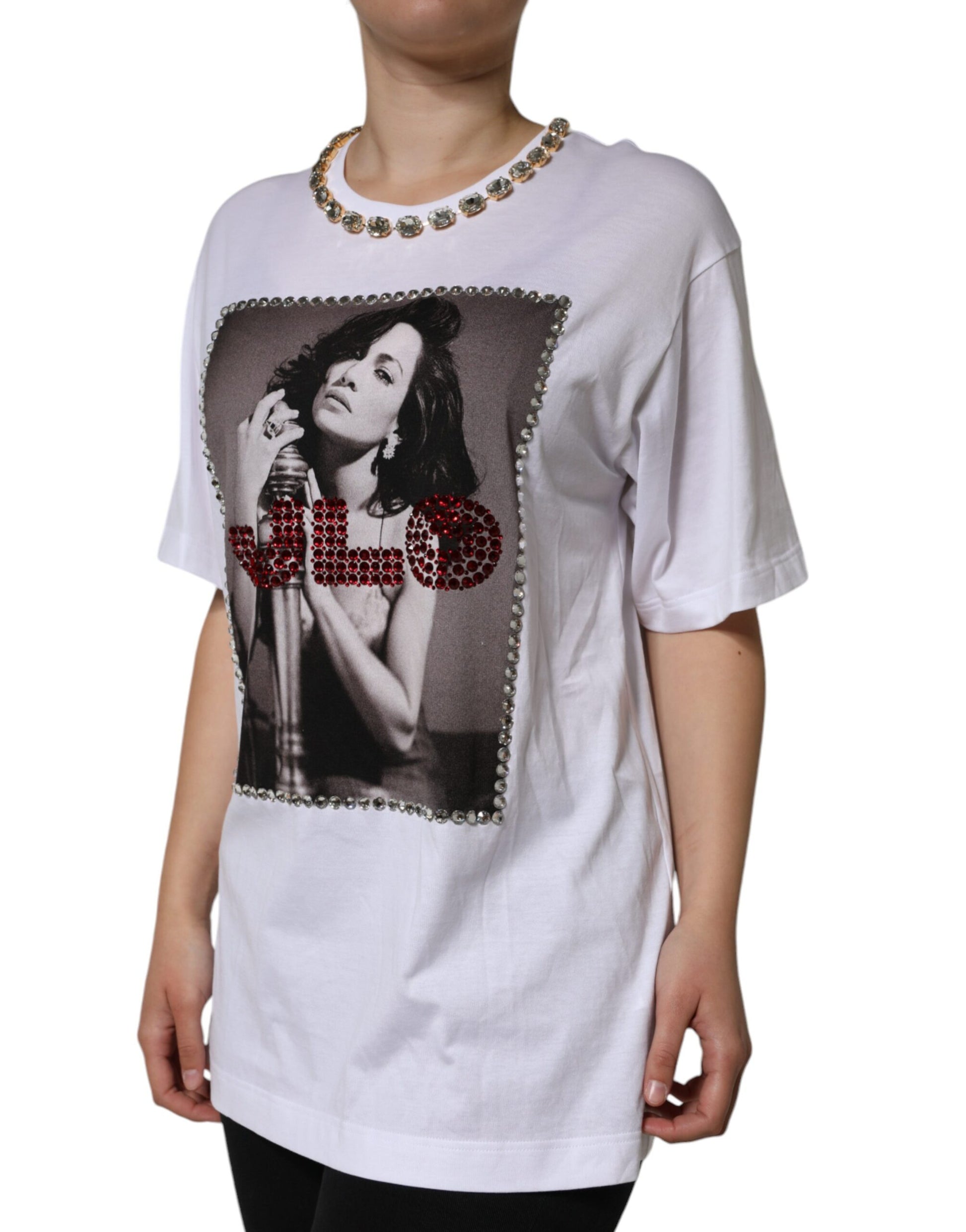 Dolce & Gabbana White Crystal Neckline Embellished Printed T-shirt by Dolce & Gabbana
