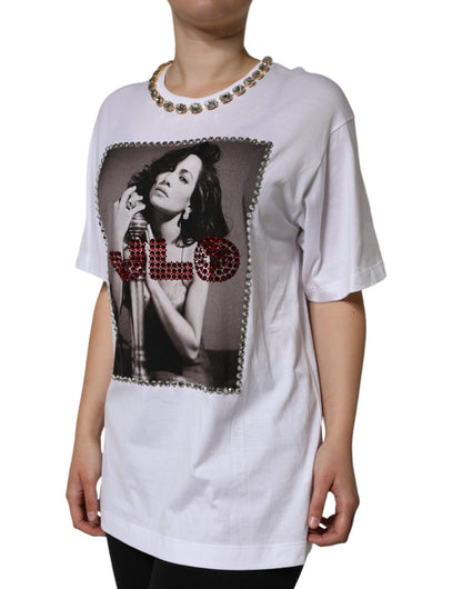 Dolce & Gabbana White Crystal Neckline Embellished Printed T-shirt by Dolce & Gabbana