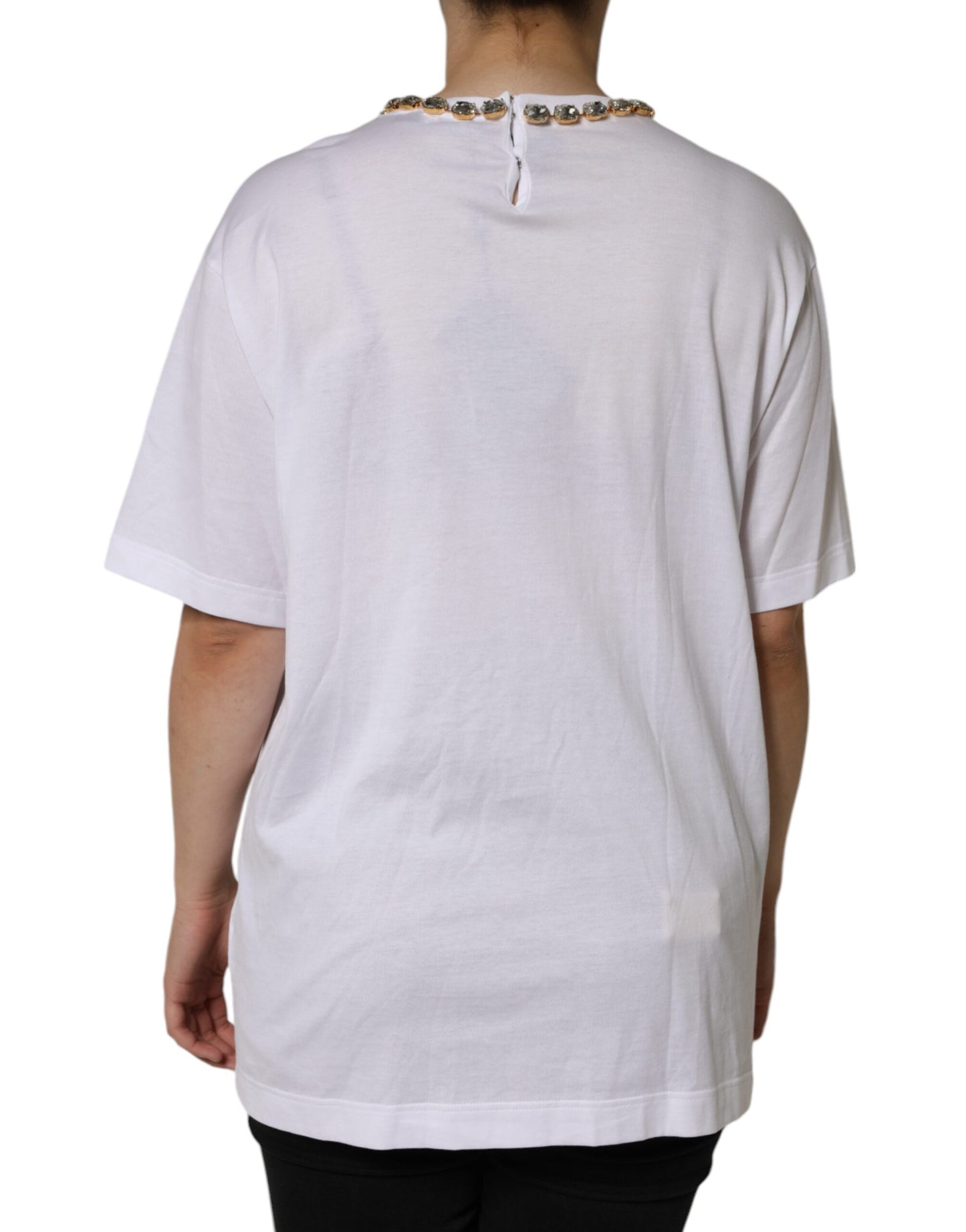 Dolce & Gabbana White Crystal Neckline Embellished Printed T-shirt by Dolce & Gabbana