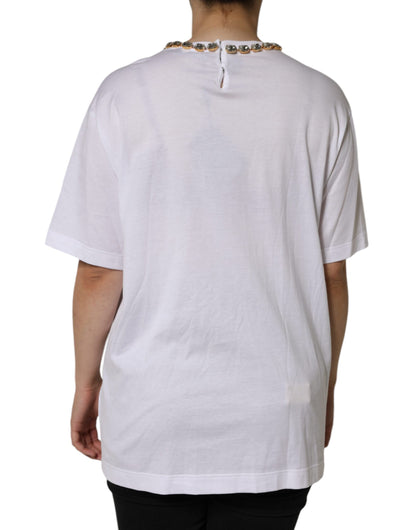 Dolce & Gabbana White Crystal Neckline Embellished Printed T-shirt by Dolce & Gabbana