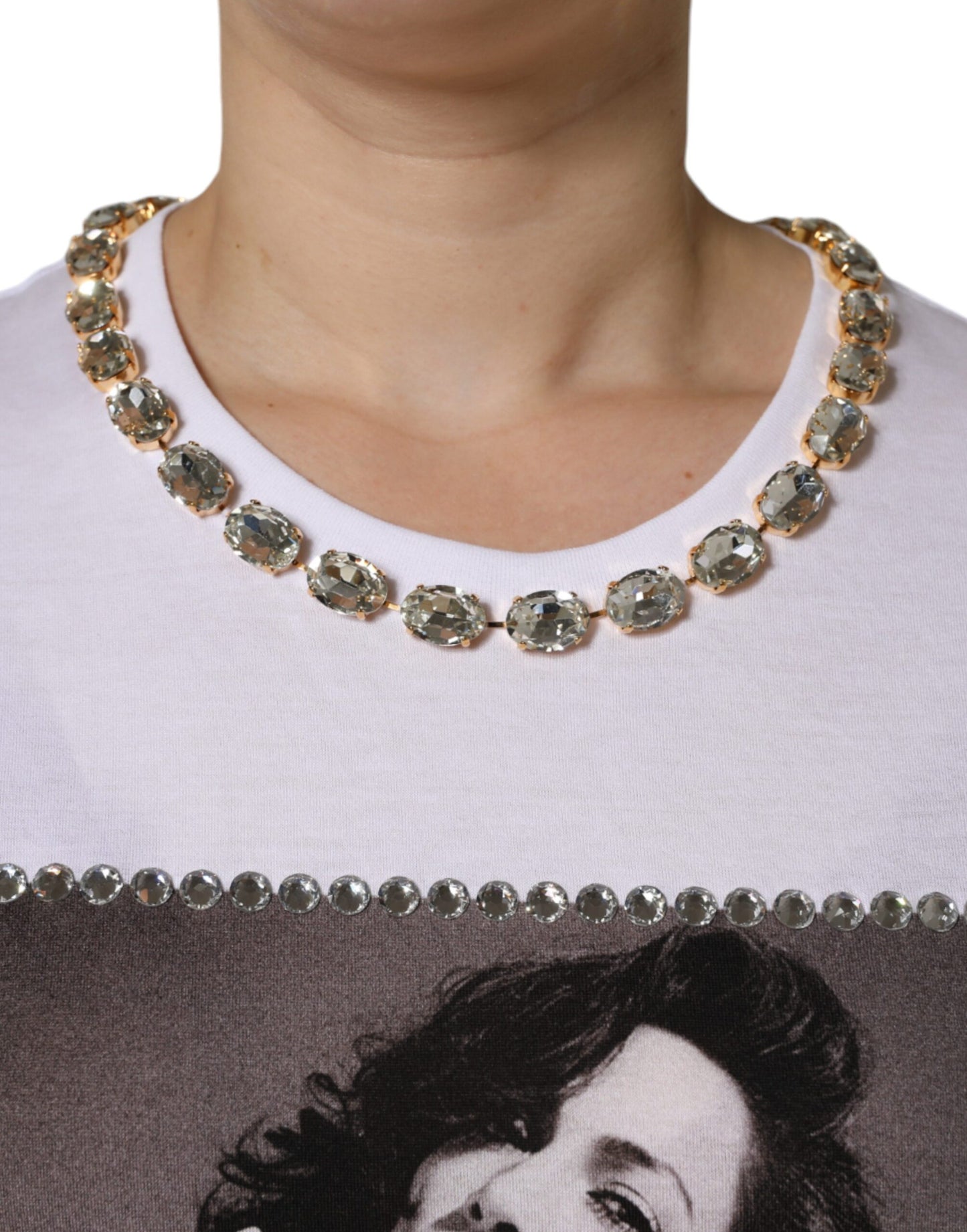 Dolce & Gabbana White Crystal Neckline Embellished Printed T-shirt by Dolce & Gabbana