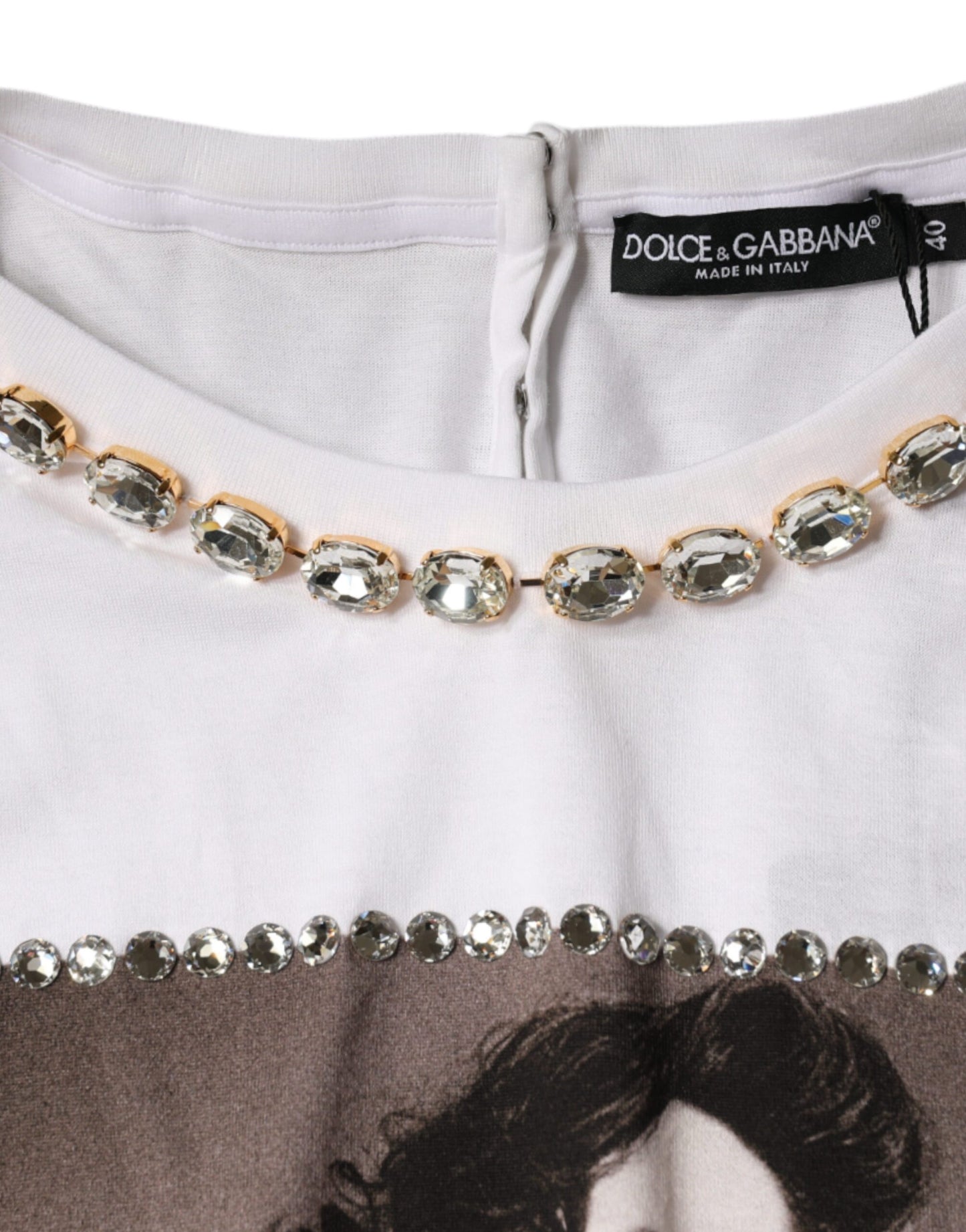 Dolce & Gabbana White Crystal Neckline Embellished Printed T-shirt by Dolce & Gabbana