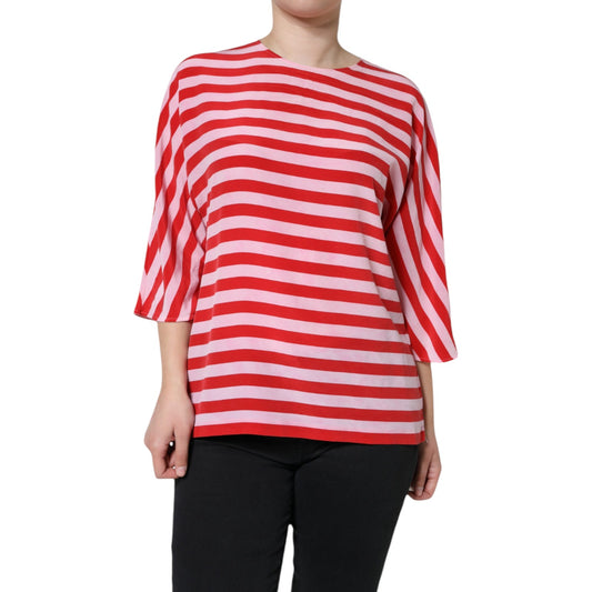 Dolce & Gabbana White Red Striped Silk Round Neck T-shirt by Dolce & Gabbana