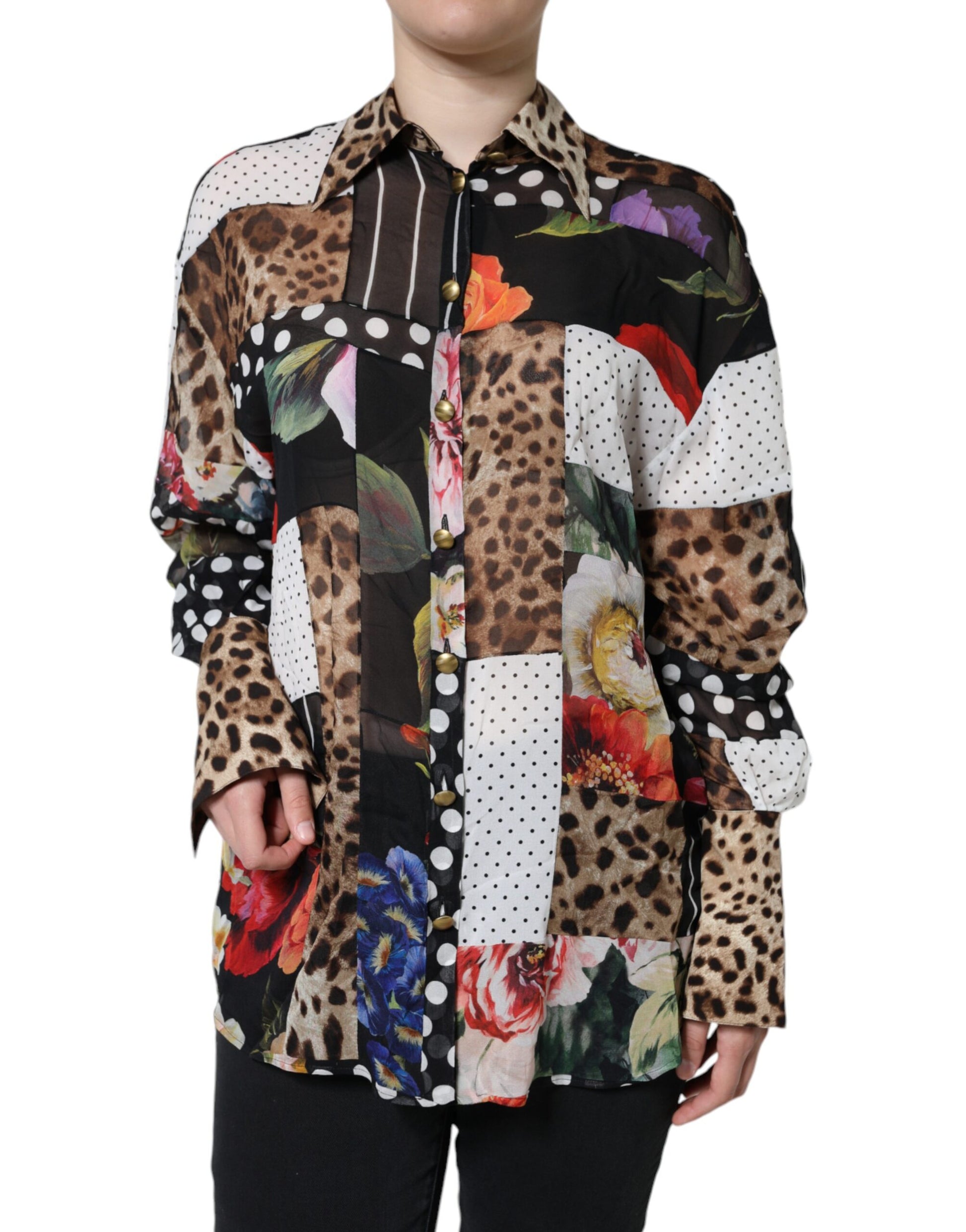 Dolce & Gabbana Multicolor Patchwork Silk Collared Blouse Top by Dolce & Gabbana