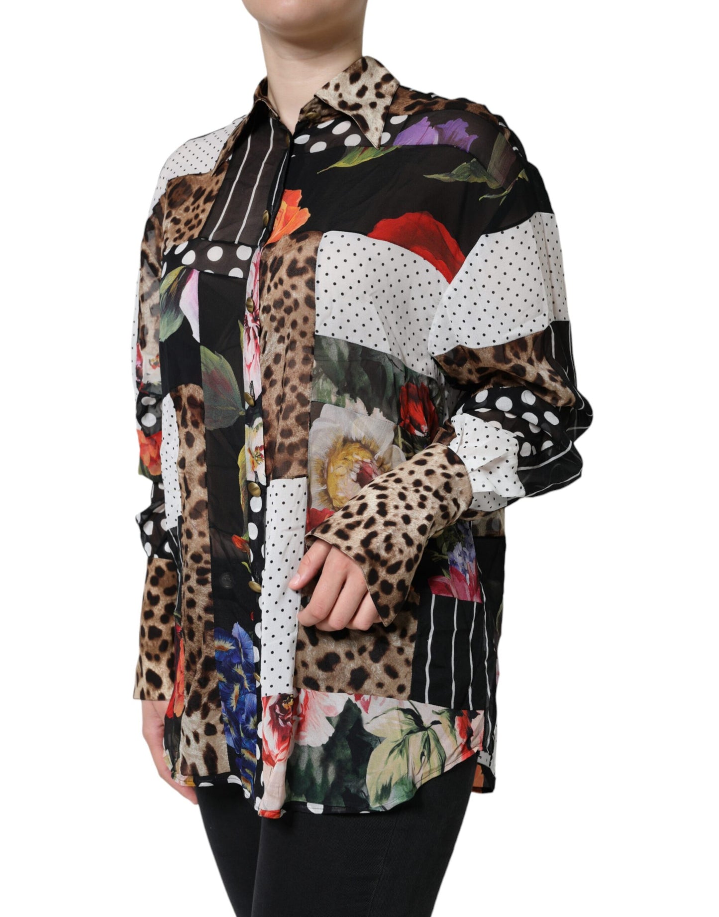 Dolce & Gabbana Multicolor Patchwork Silk Collared Blouse Top by Dolce & Gabbana
