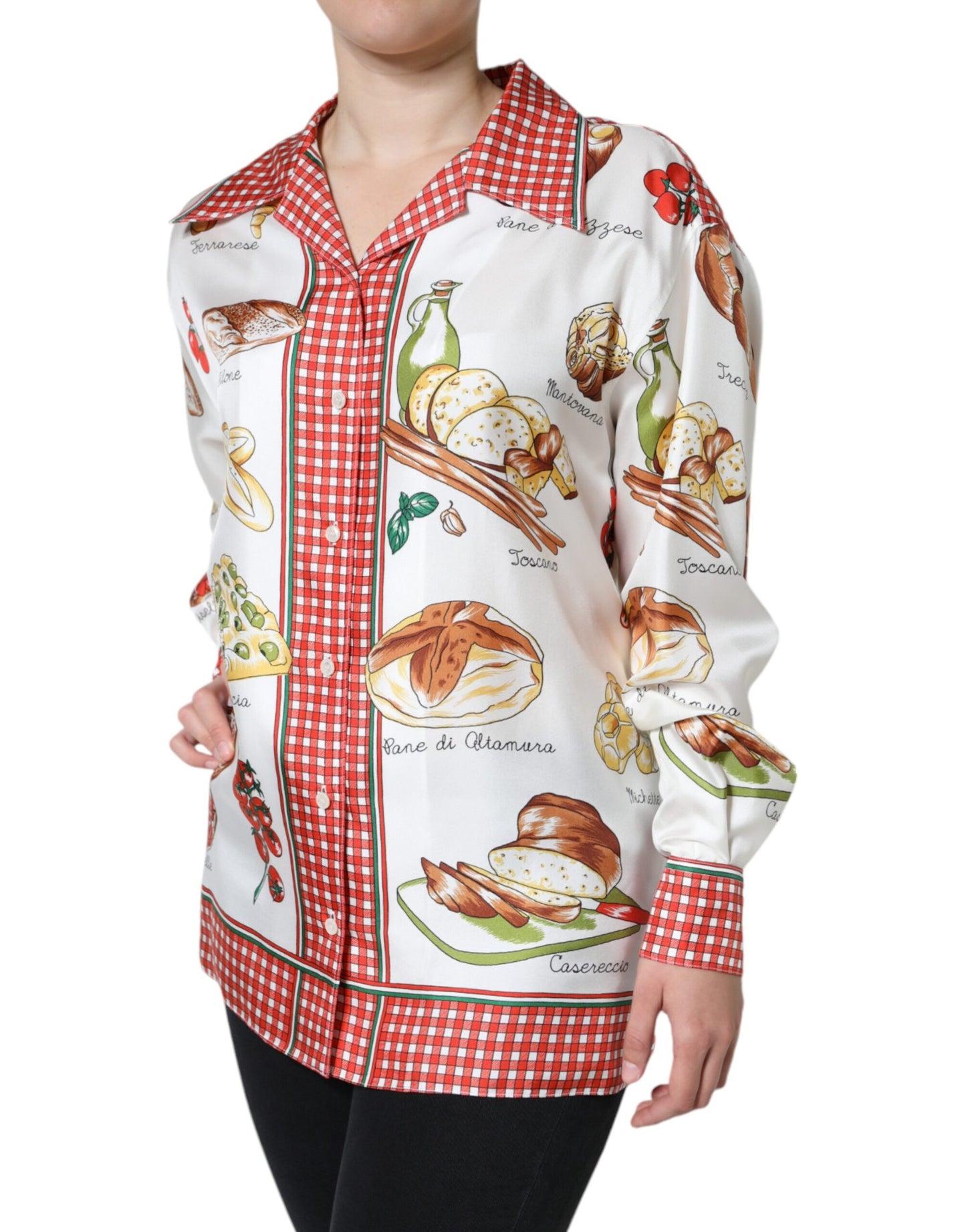 Dolce & Gabbana Multicolor Bread Print Collared Blouse Top by Dolce & Gabbana