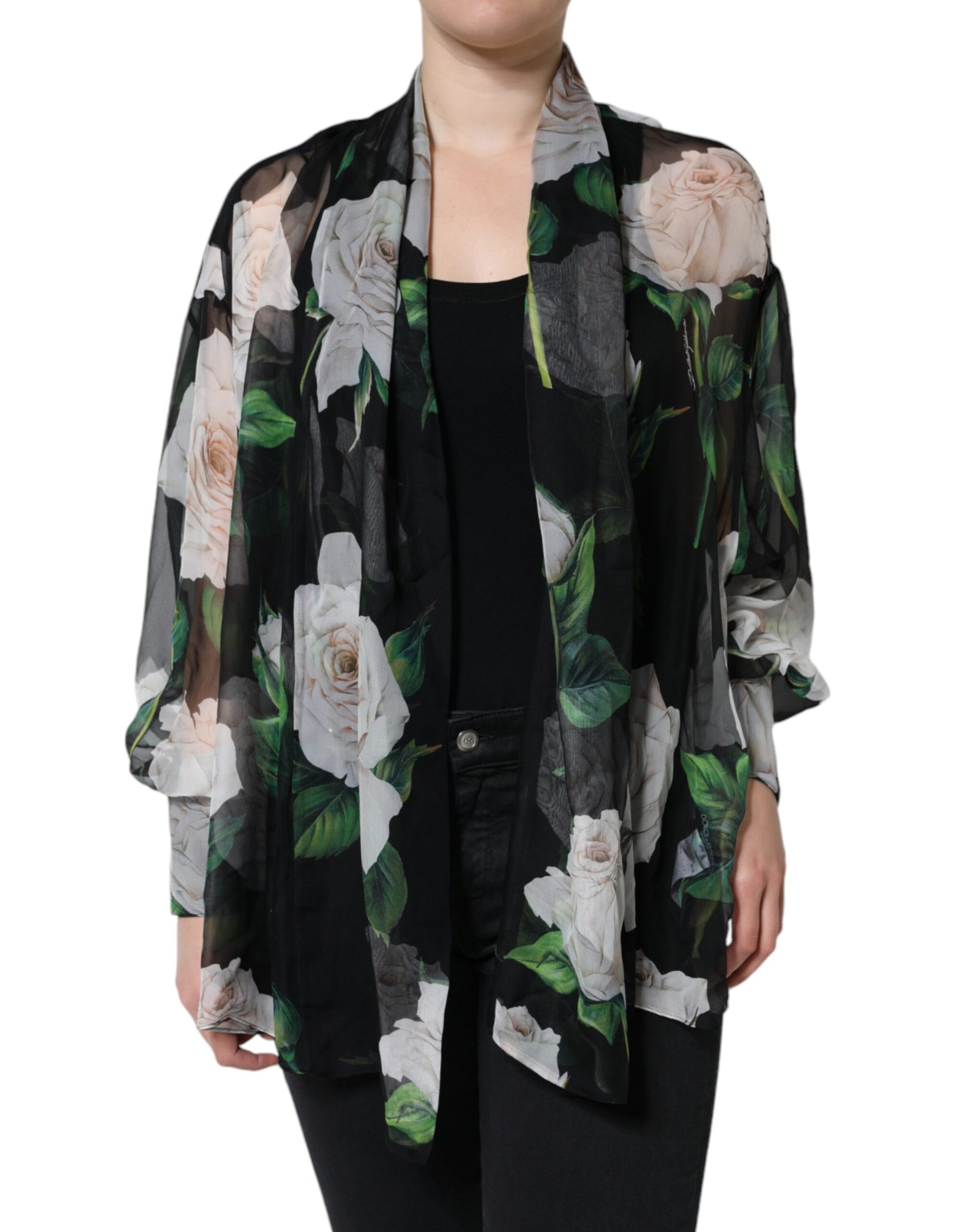 Dolce & Gabbana Black Floral Print Silk Cardigan Blouse Top by Dolce & Gabbana