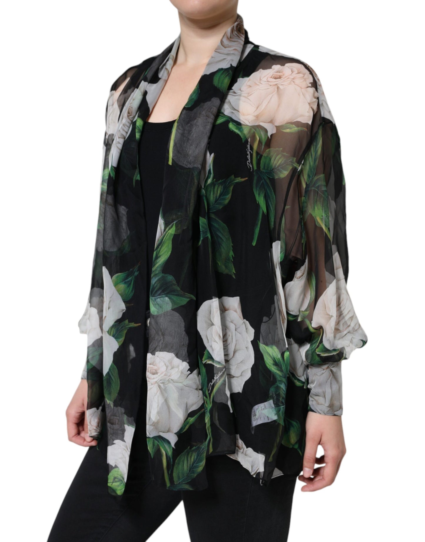 Dolce & Gabbana Black Floral Print Silk Cardigan Blouse Top by Dolce & Gabbana