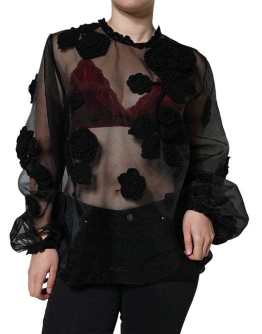 Dolce & Gabbana Black Nylon Mesh Transparent Floral Blouse by Dolce & Gabbana