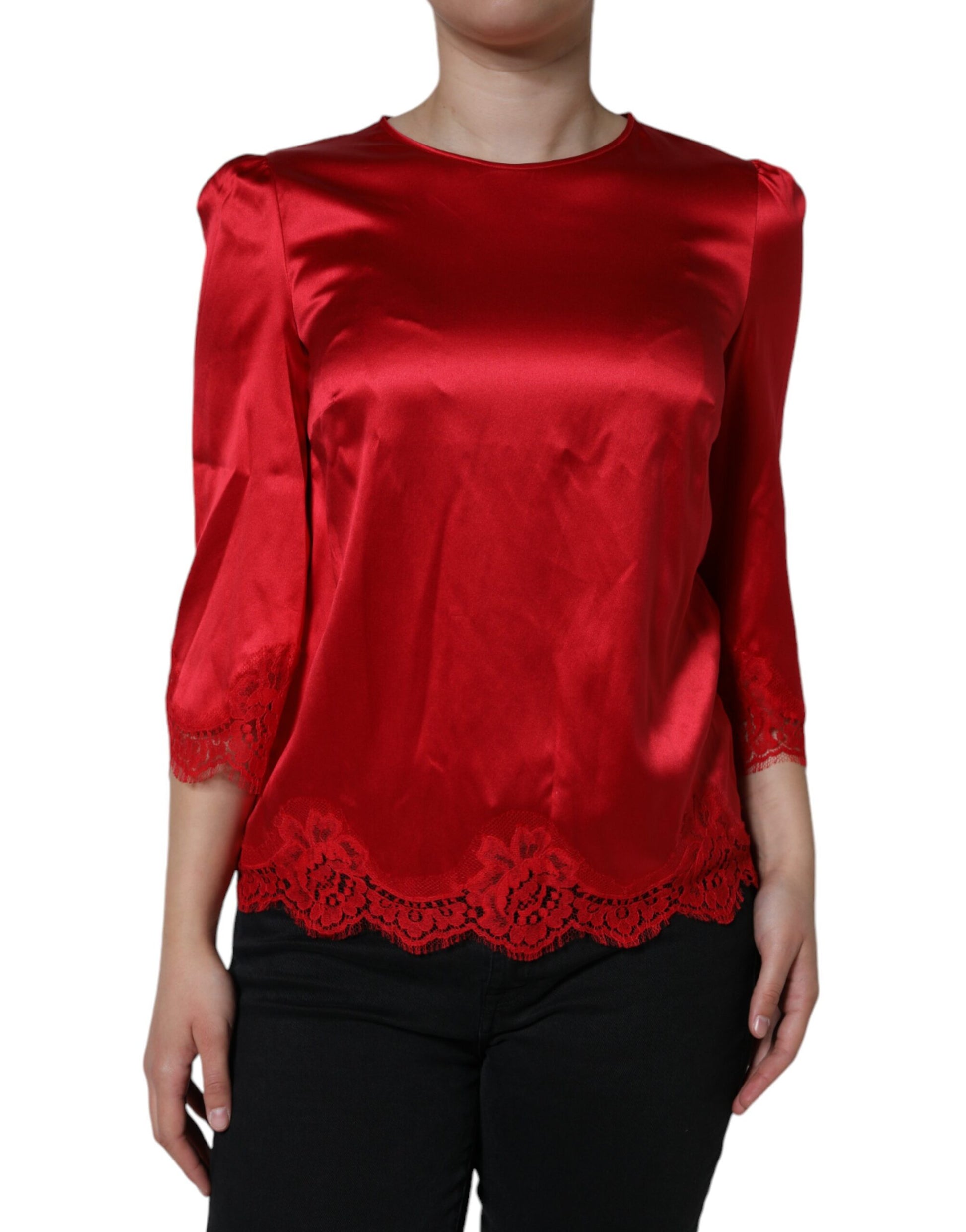 Dolce & Gabbana Red Satin Lace Trim Round Neck Blouse Top by Dolce & Gabbana