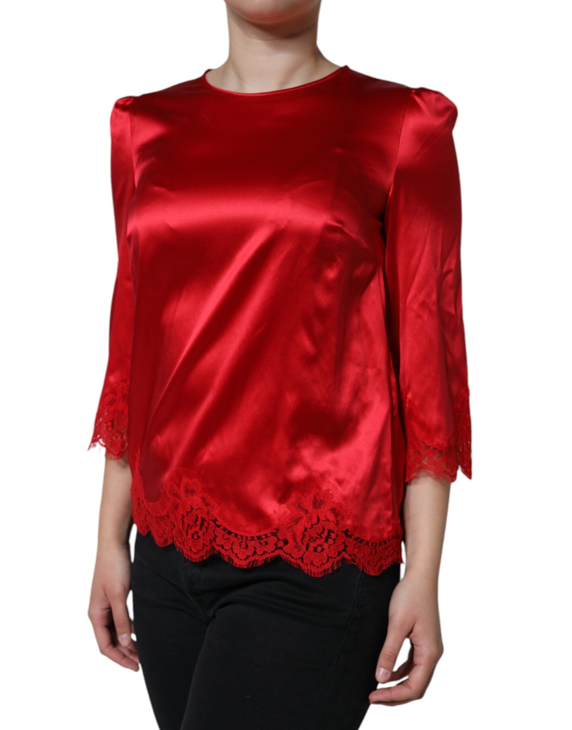 Dolce & Gabbana Red Satin Lace Trim Round Neck Blouse Top by Dolce & Gabbana