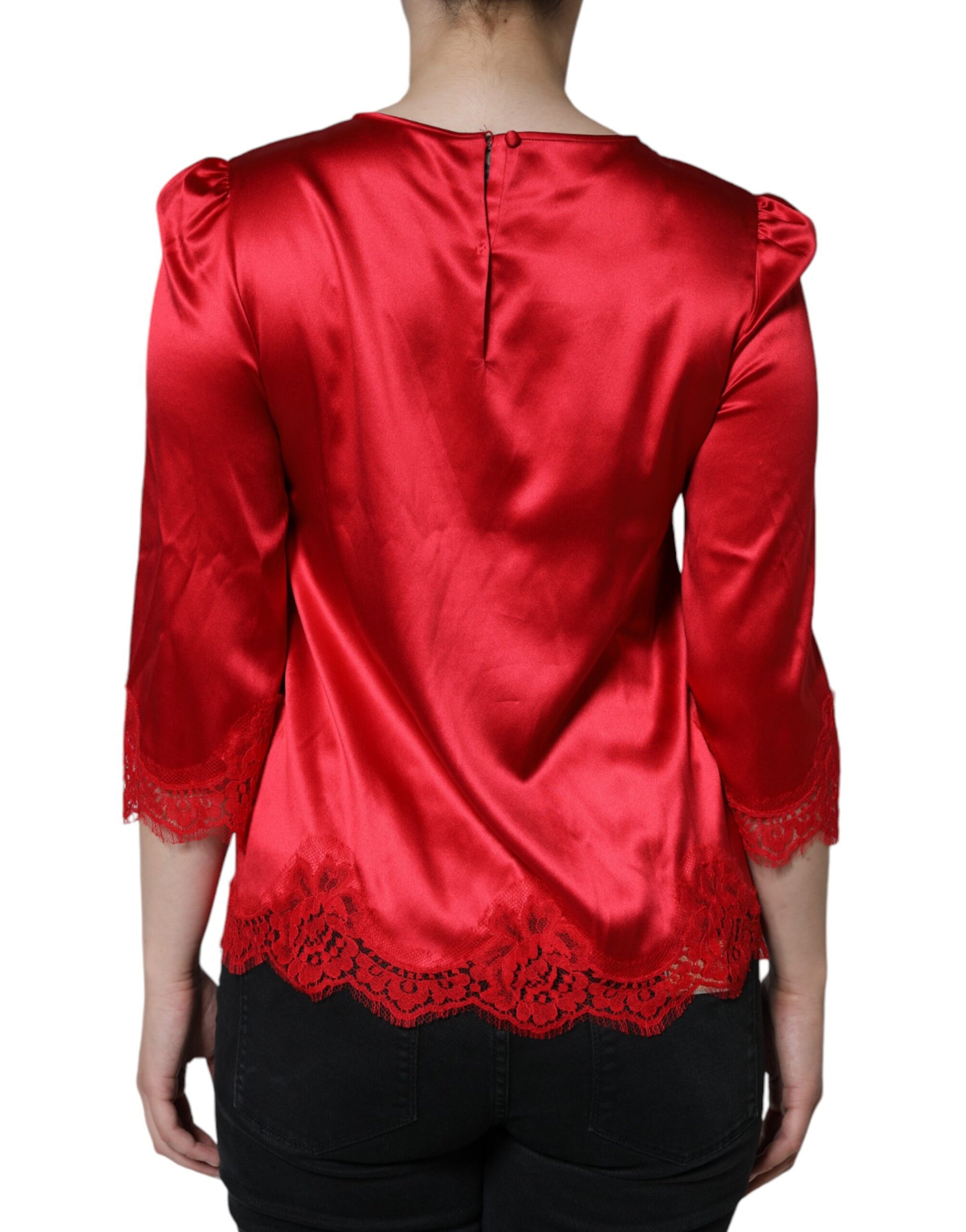 Dolce & Gabbana Red Satin Lace Trim Round Neck Blouse Top by Dolce & Gabbana